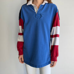 1990s Lands' End Nicely Worn Lightly Tattered Red, White and Blue Rugby Shirt