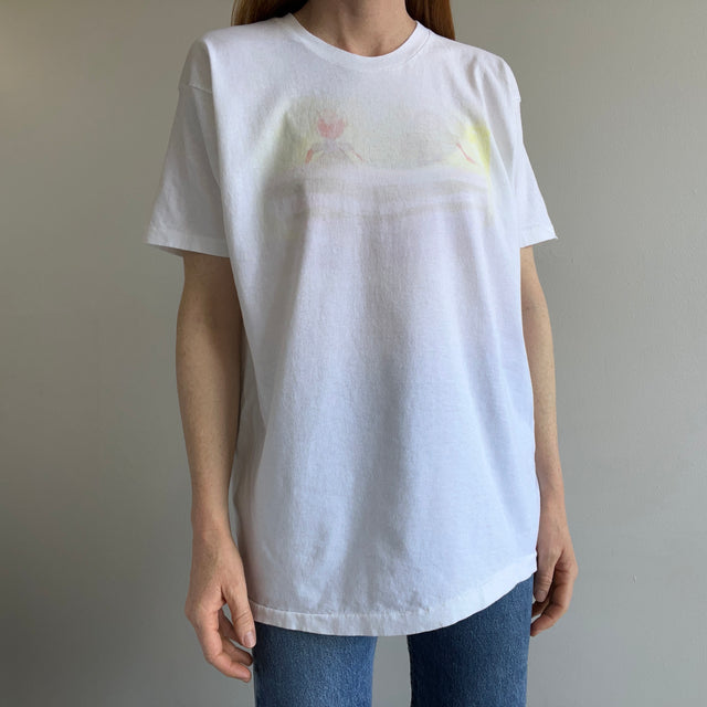 1990s "Mom and Me" Hand Drawn Screen Printed T-Shirt that is Faded