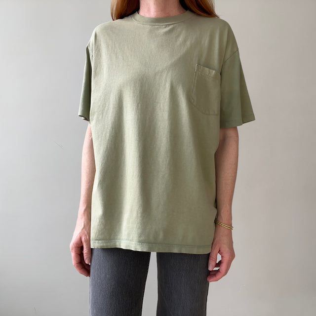 1990s Blank Faded Sage Green Pocket T Shirt