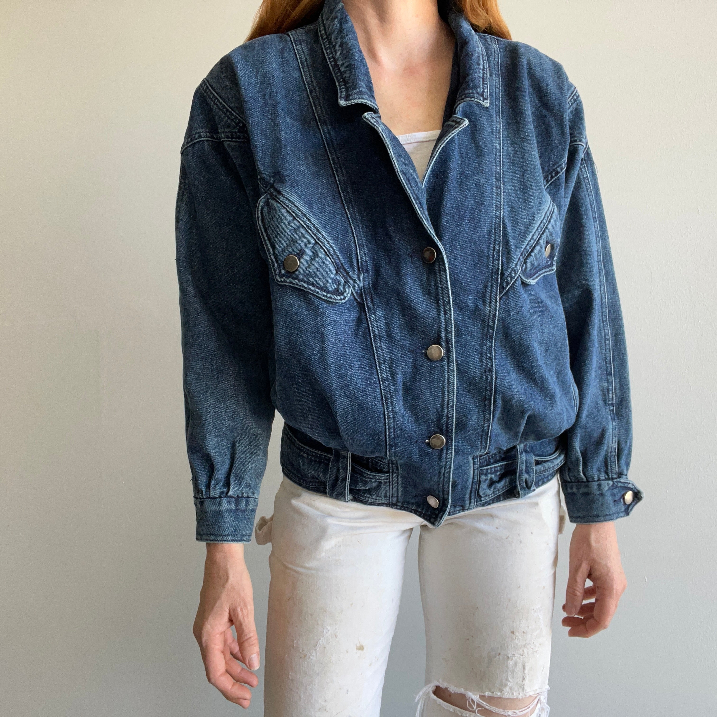 1980s Soft Denim Bomber with Shoulder Pads and Rad Detailing