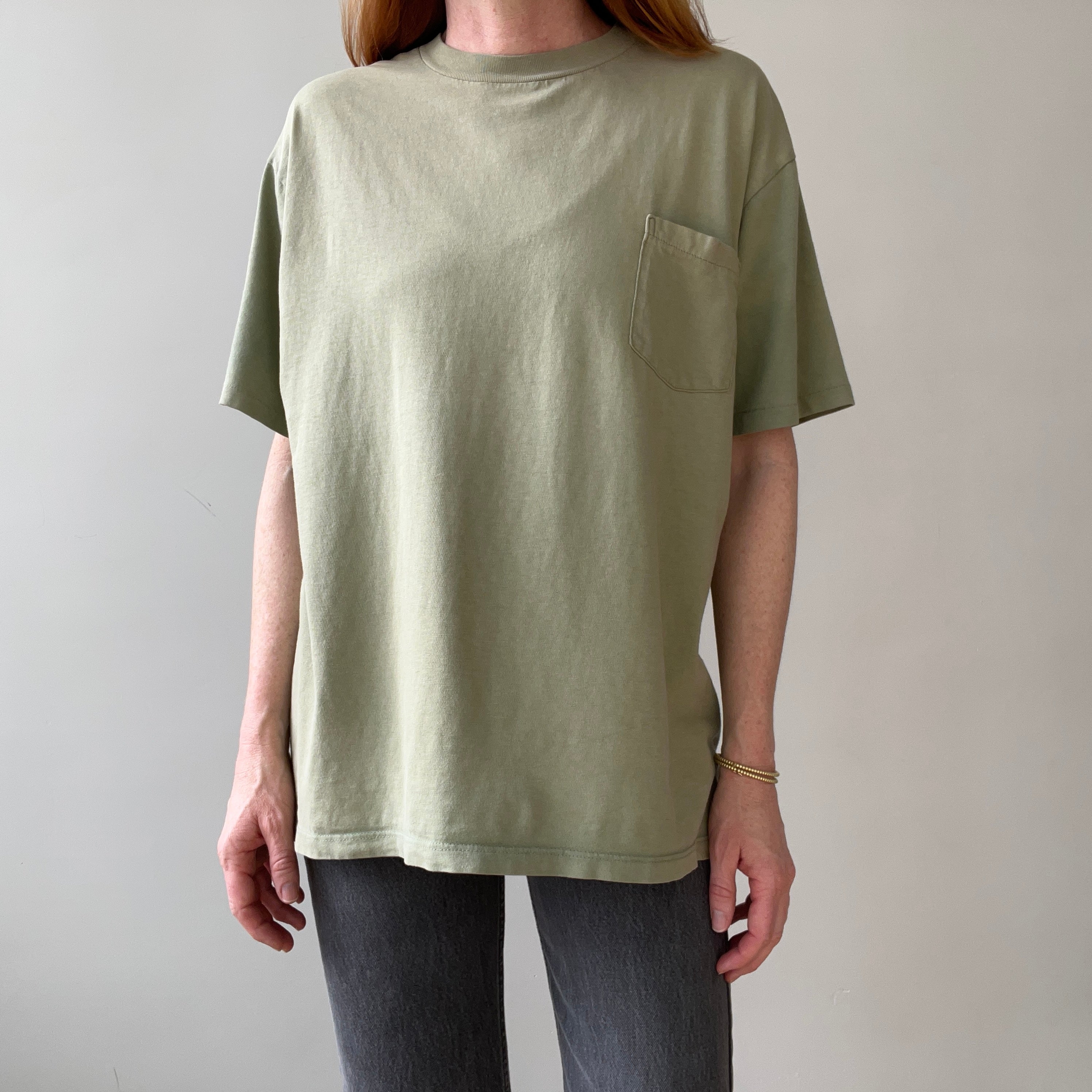 1990s Blank Faded Sage Green Pocket T Shirt
