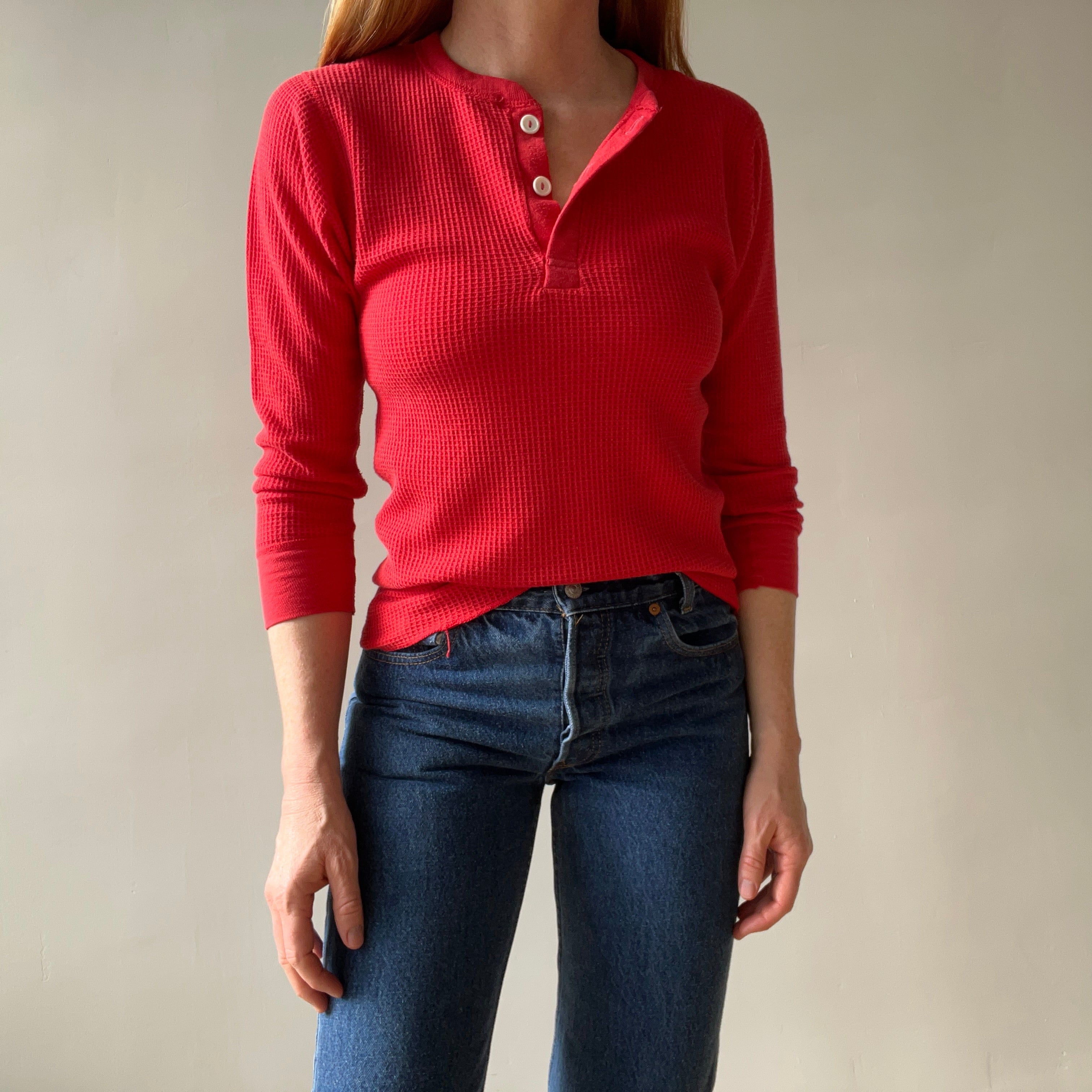 1970/80s Blank Red Waffle Henley Long Johns Shirt