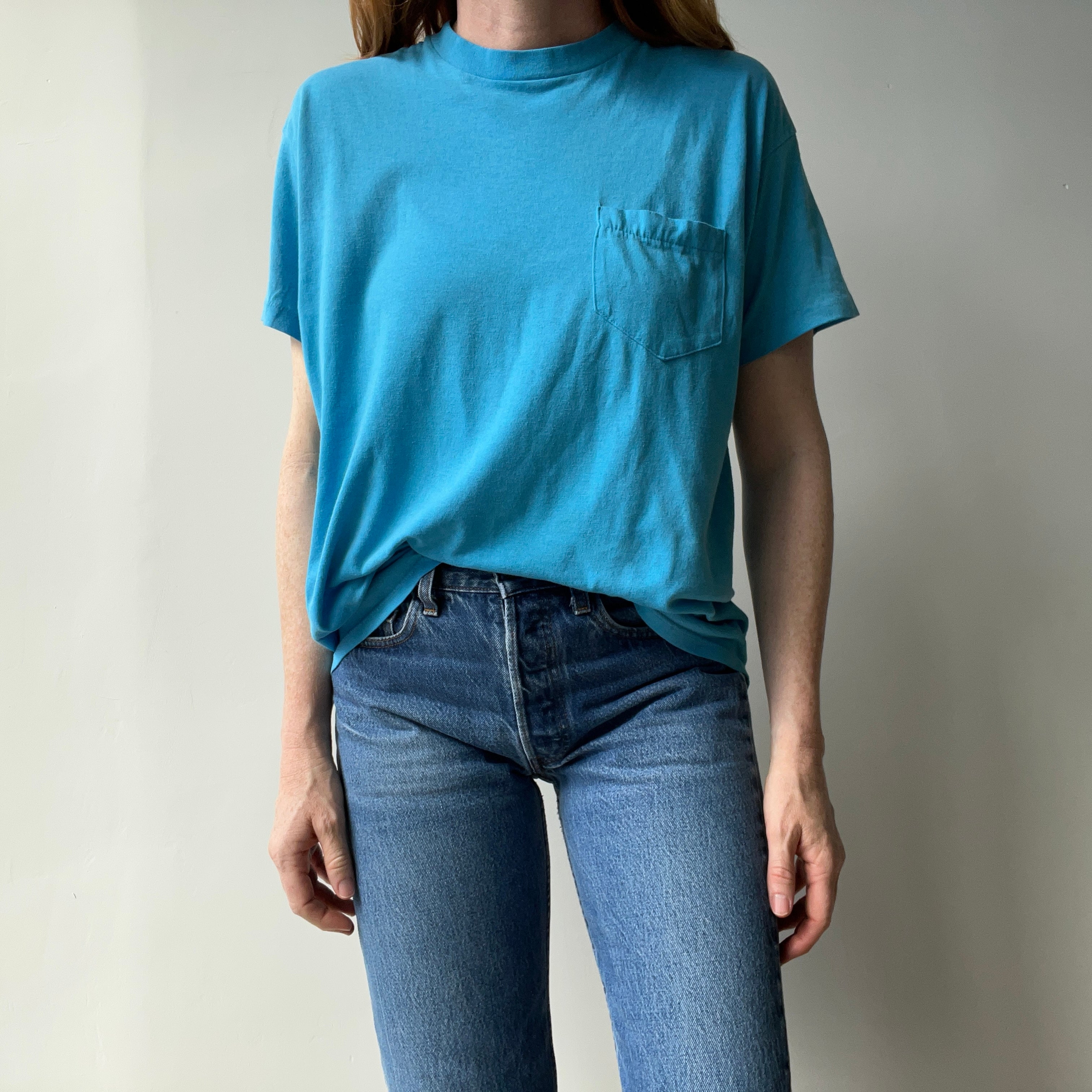 1980s Triangle Pocket Dream Boat Turquoise (Faded) T-Shirt