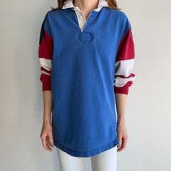 1990s Lands' End Nicely Worn Lightly Tattered Red, White and Blue Rugby Shirt