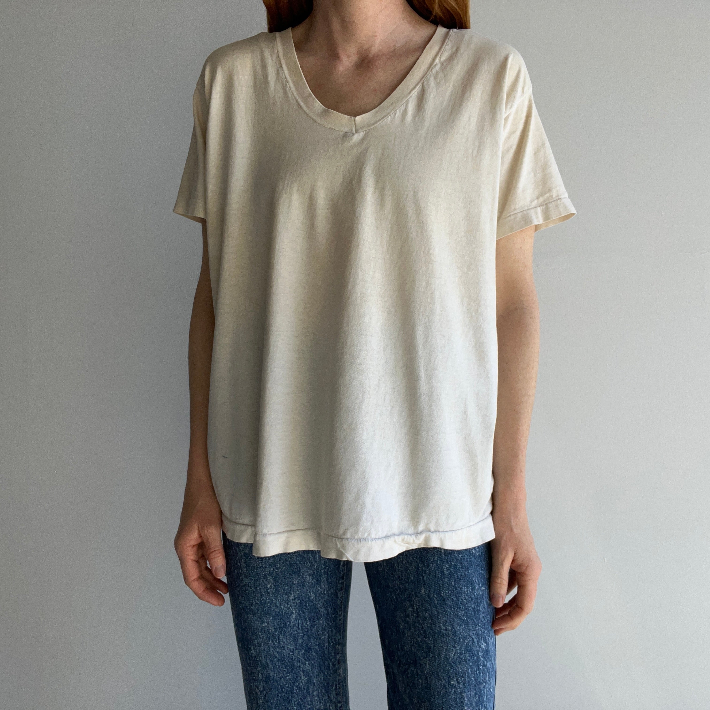 1990s Majorly Aged Stained Formerly White V-Neck Cotton T-Shirt by FOTL