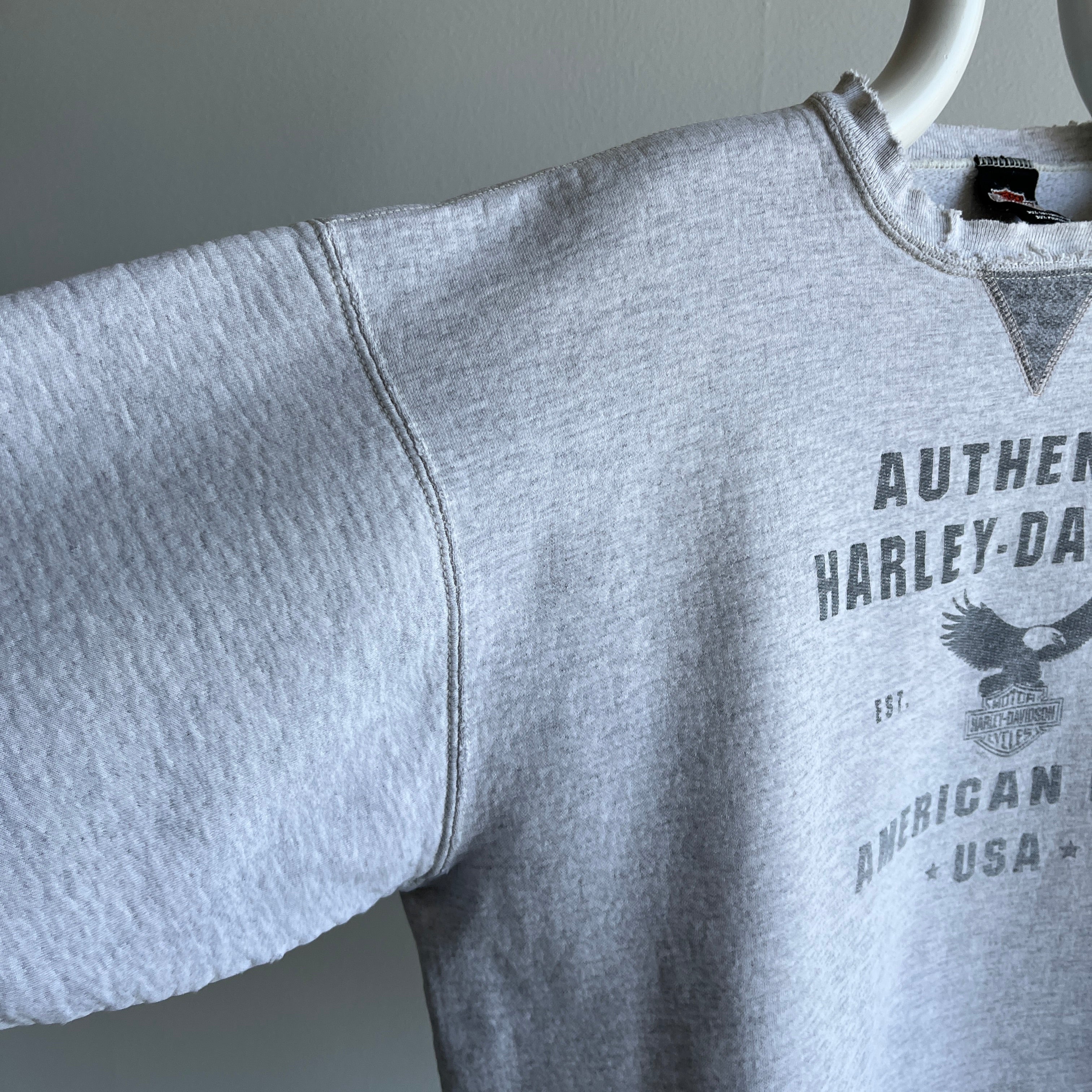 1980s Single V Front and Back Harley Super Tattered Medium Weight Slightly Structured Sweatshirt - OMFG