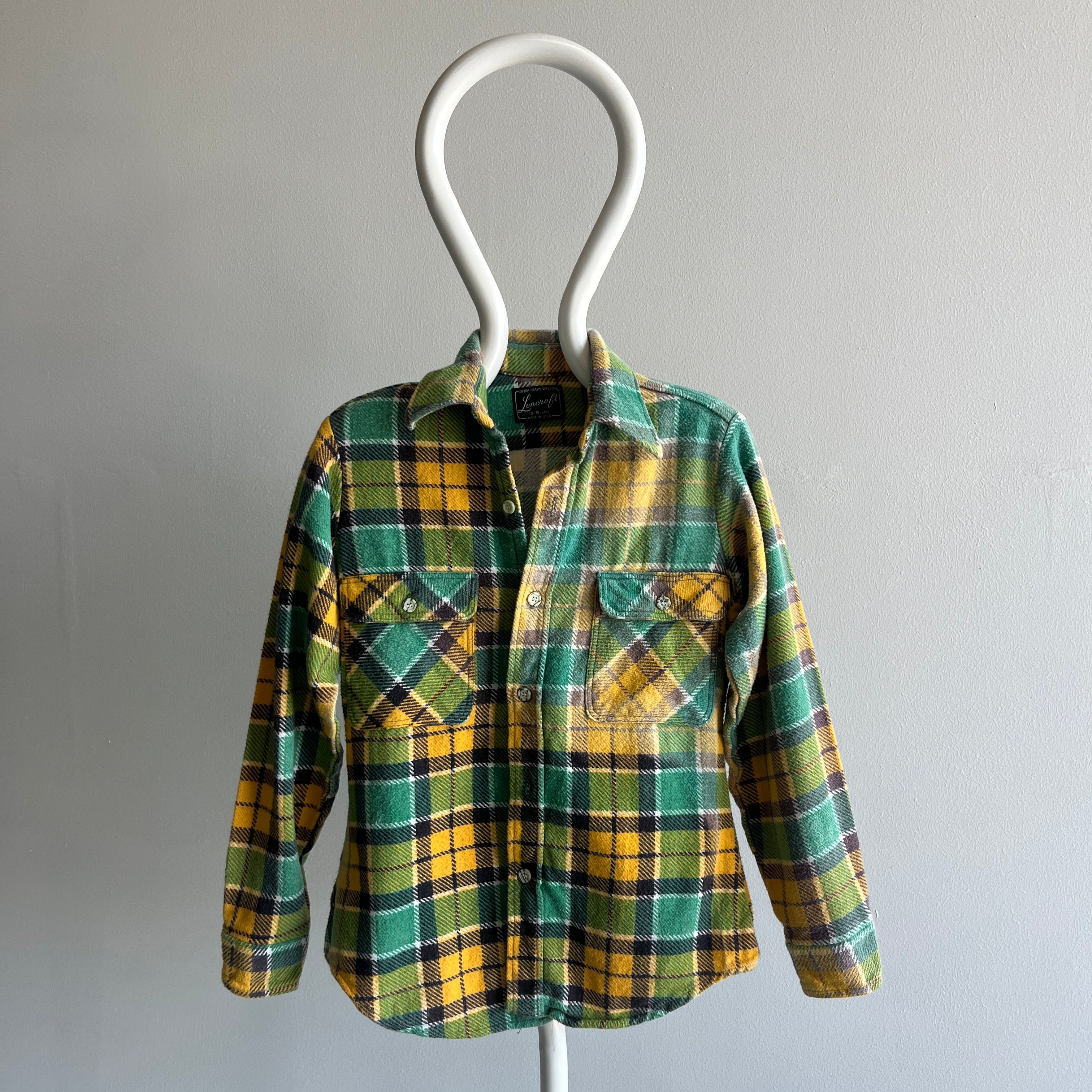 1970s Cool Sun Faded Shoulder Green and Yellow Cotton Flannel (Smaller Size)
