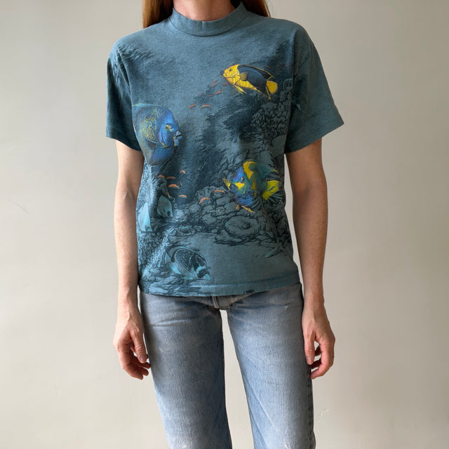 1990s Habitat All Over Print Fish T Shirt - Wrap Around Alert