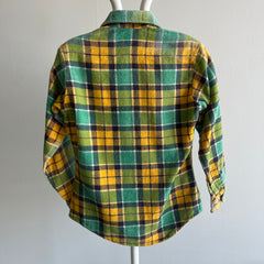 1970s Cool Sun Faded Shoulder Green and Yellow Cotton Flannel (Smaller Size)
