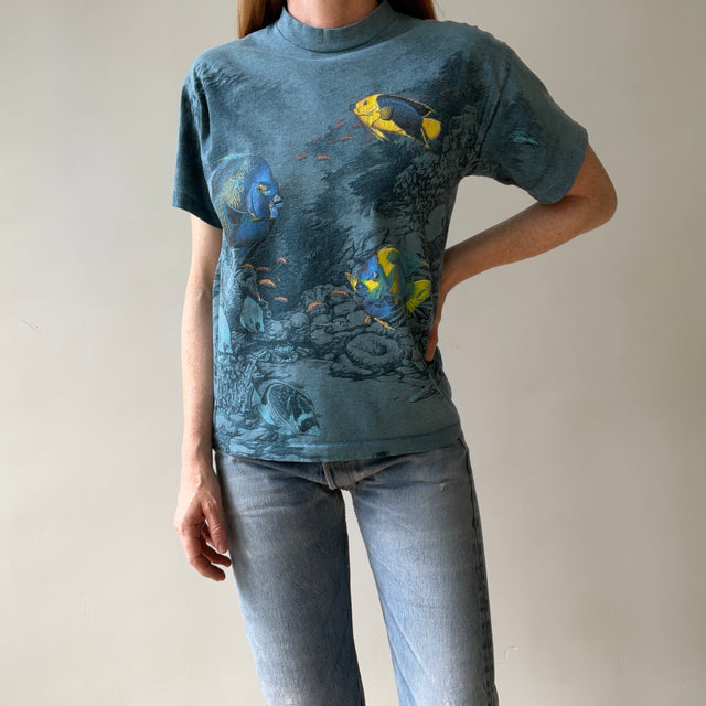 1990s Habitat All Over Print Fish T Shirt - Wrap Around Alert