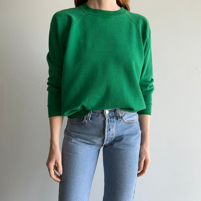 1980s Split Collar Thinned Out Green Light Green Raglan Sweatshirt