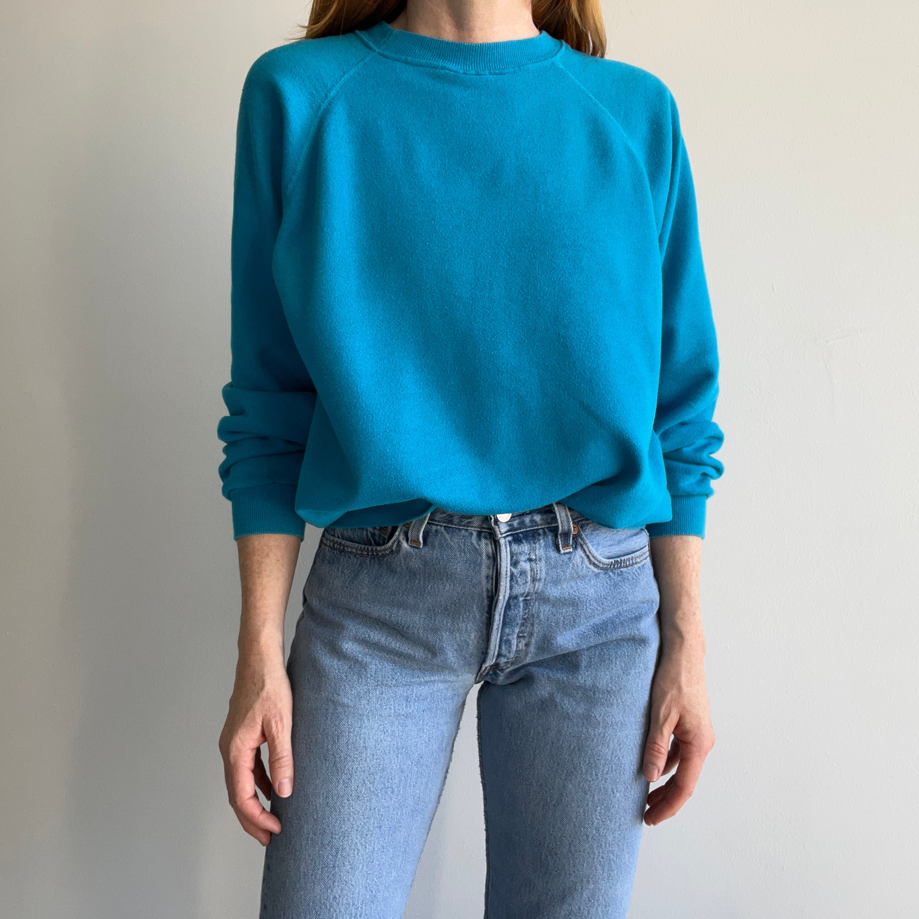 1980s Turquoise Raglan Sweatshirt of the Best Sort