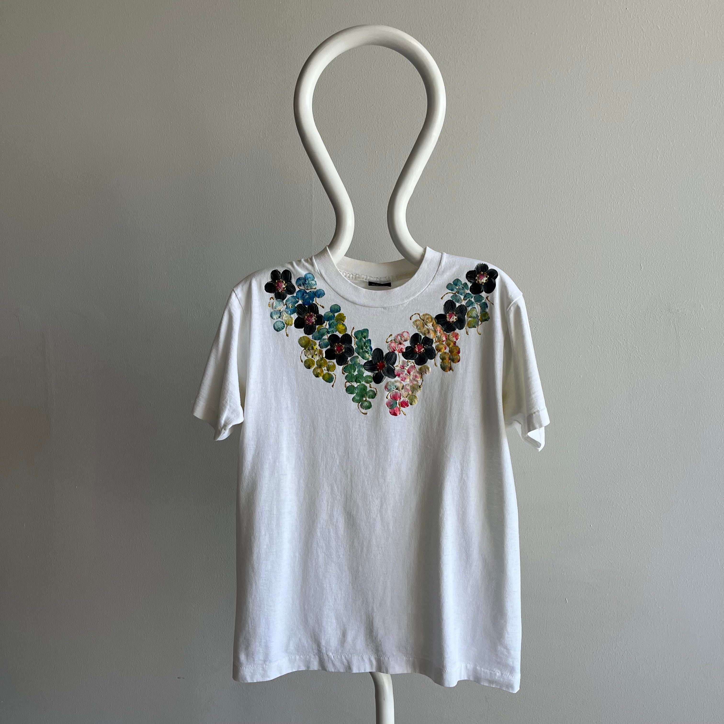 1980s DIY Floral Puffy Paint and Glitter T-Shirt by Screen Stars