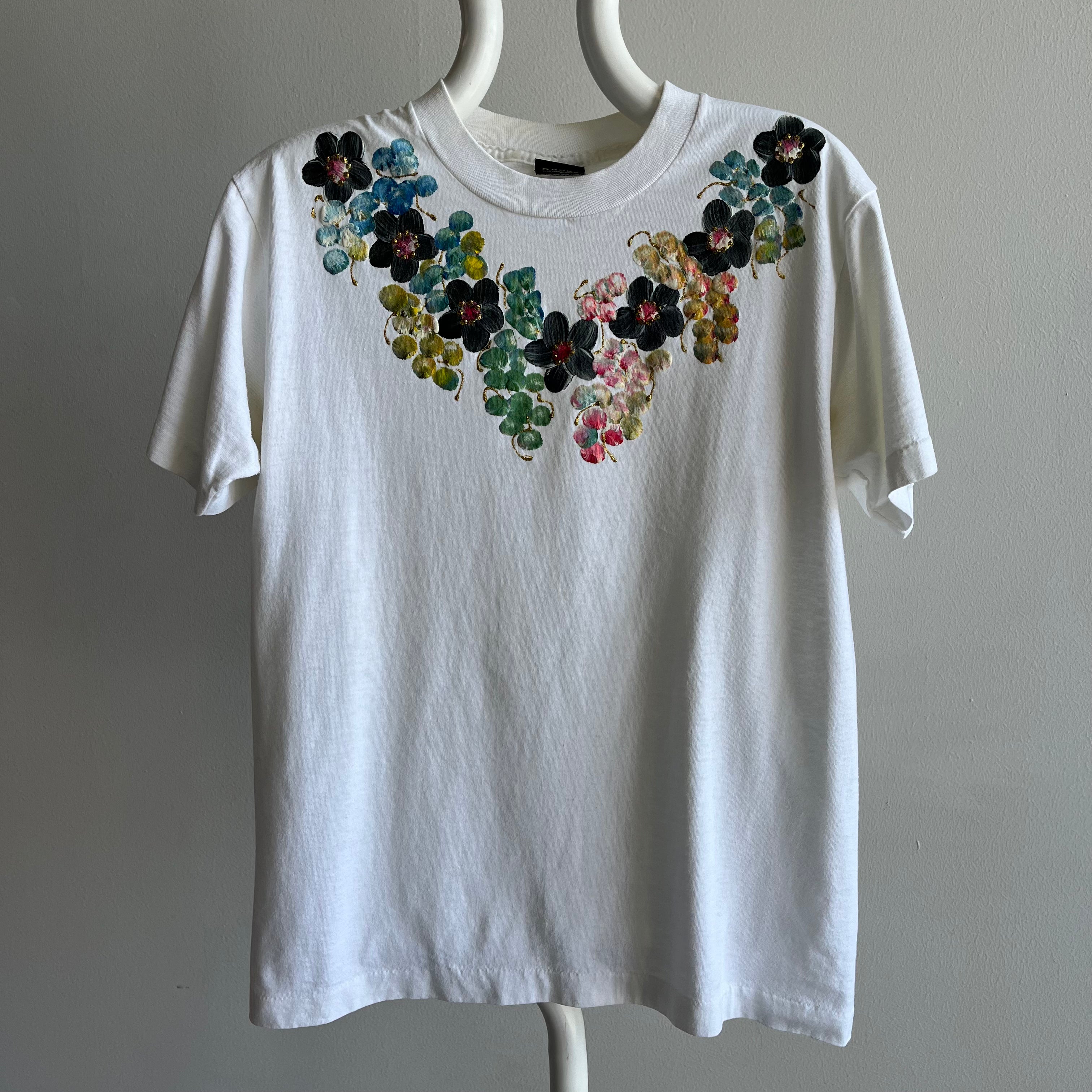 1980s DIY Floral Puffy Paint and Glitter T-Shirt by Screen Stars