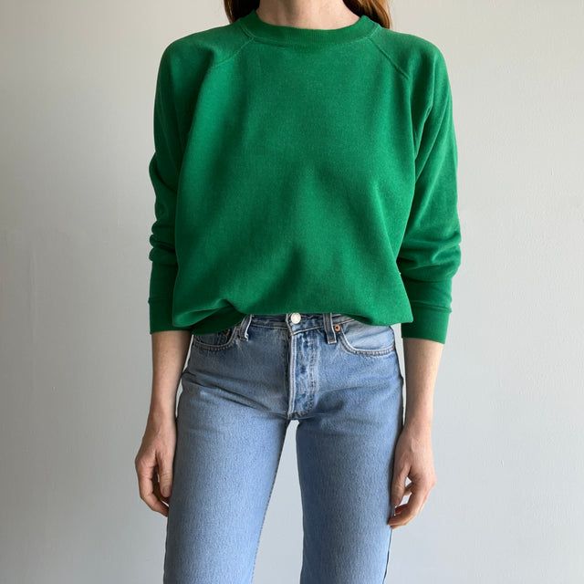 1980s Split Collar Thinned Out Green Light Green Raglan Sweatshirt