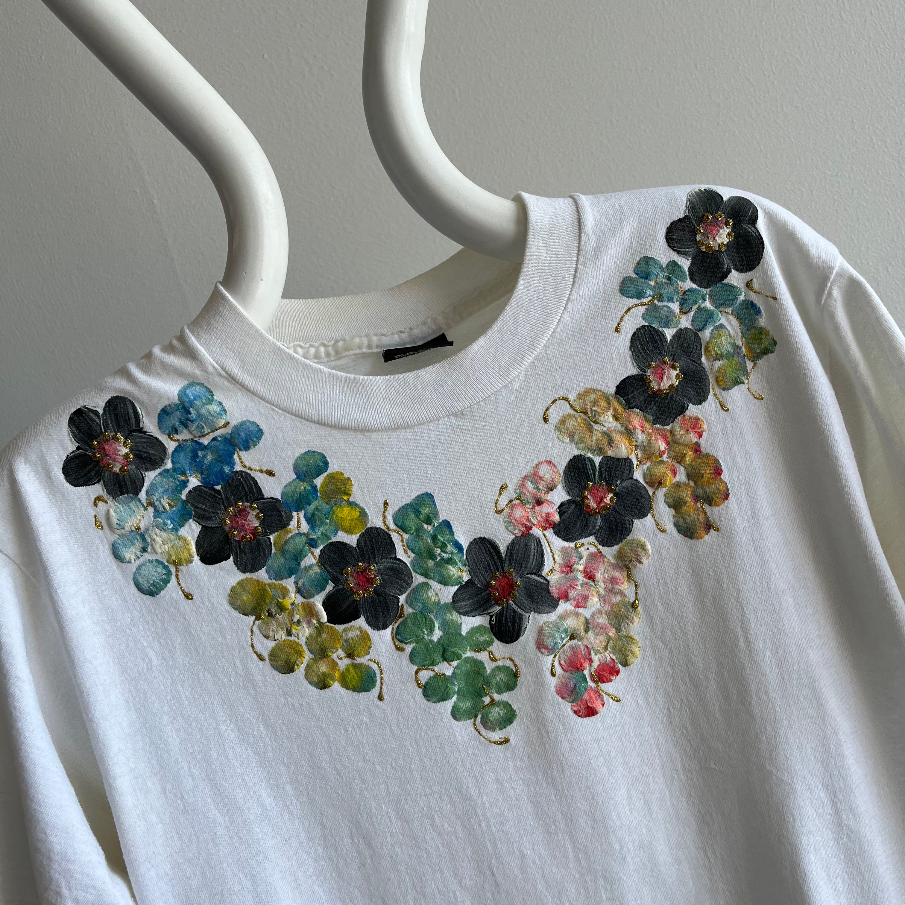 1980s DIY Floral Puffy Paint and Glitter T-Shirt by Screen Stars