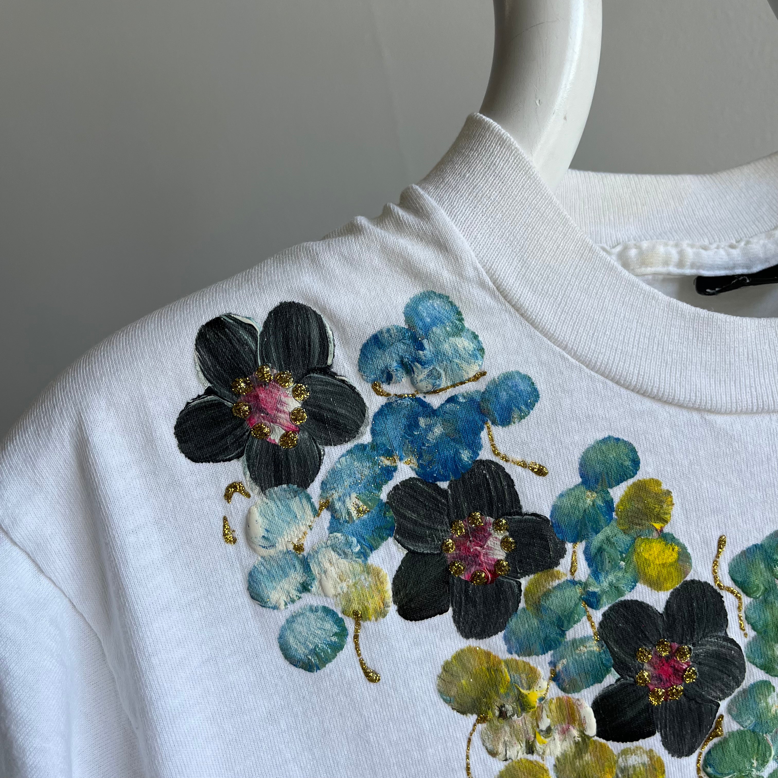 1980s DIY Floral Puffy Paint and Glitter T-Shirt by Screen Stars