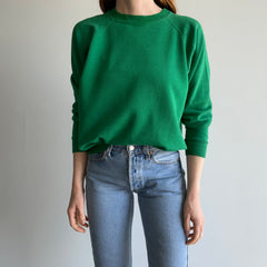 1980s Split Collar Thinned Out Green Light Green Raglan Sweatshirt