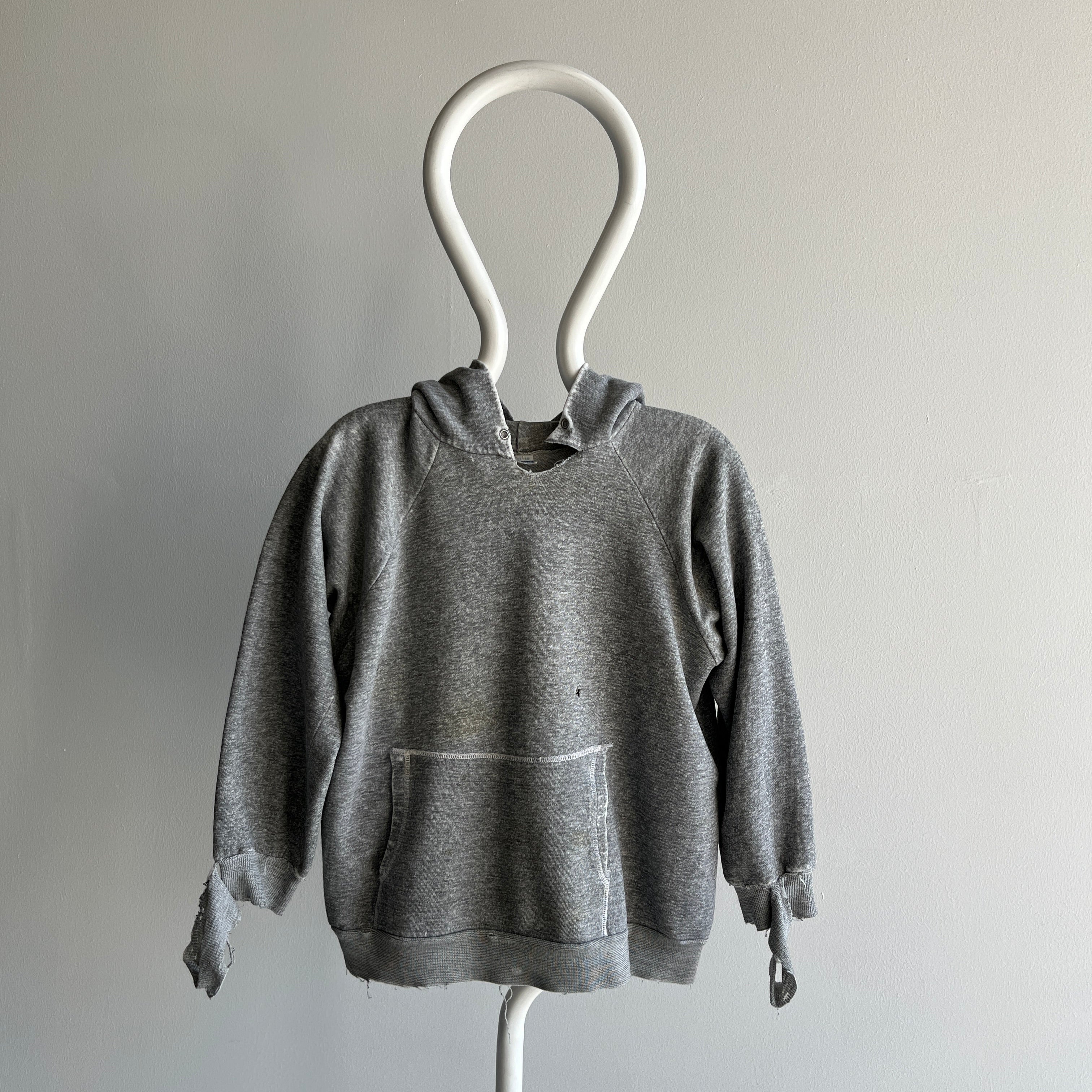 1970s Small Shredded and Stained Blank Gray Hoodie