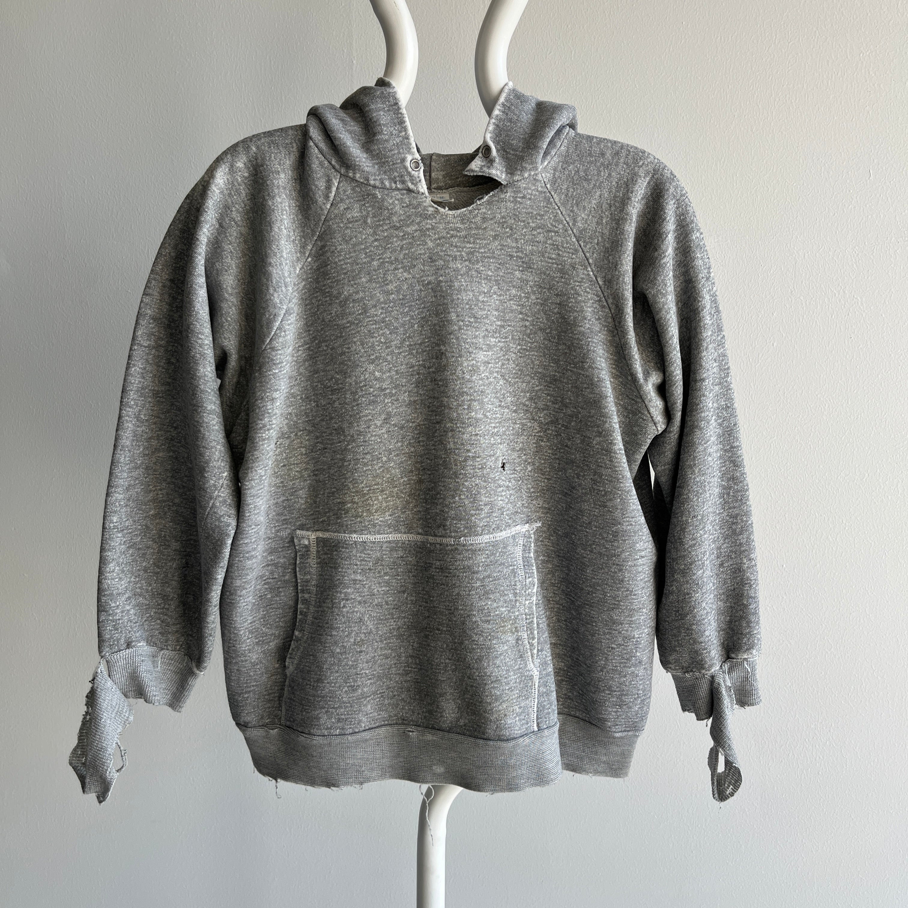 1970s Small Shredded and Stained Blank Gray Hoodie