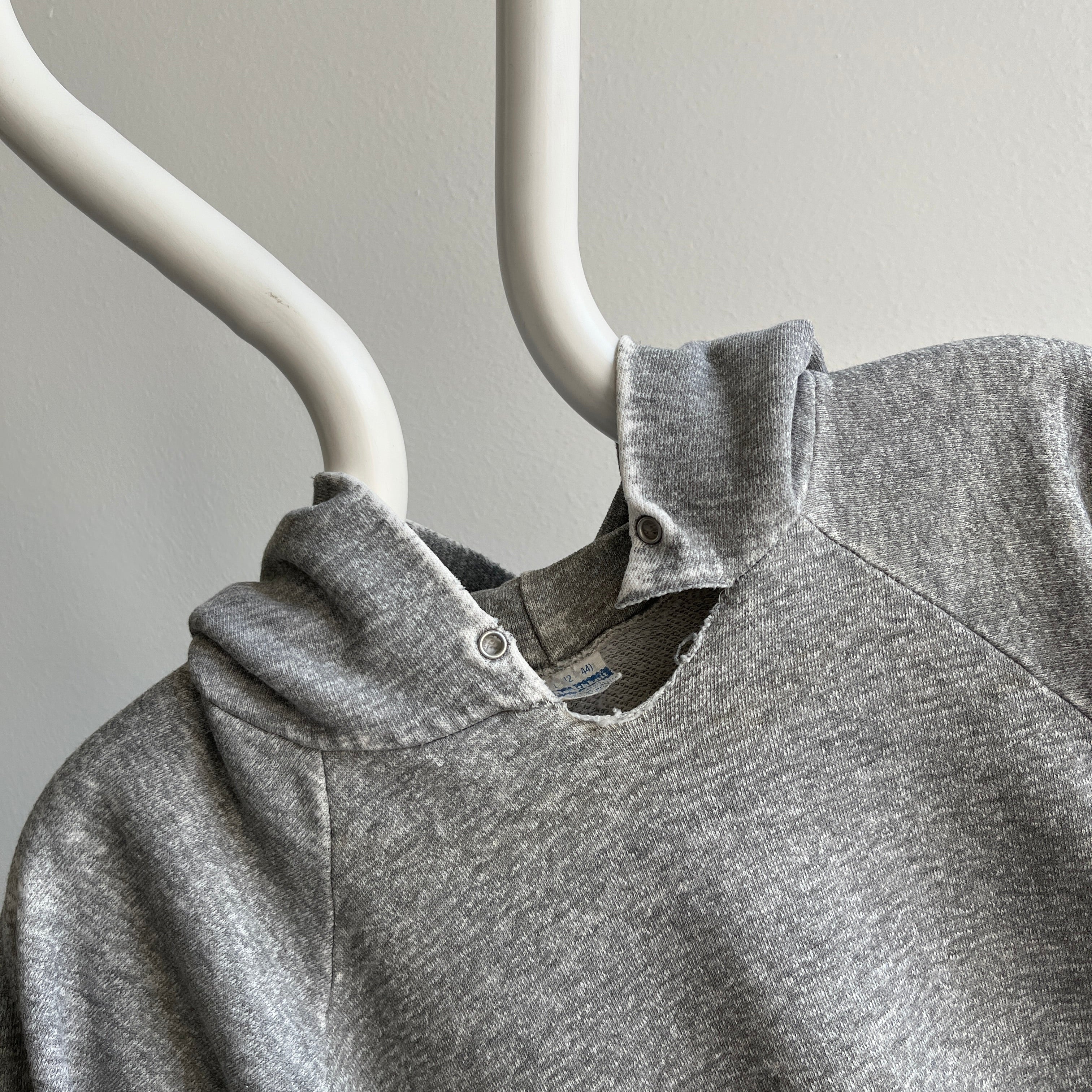 1970s Small Shredded and Stained Blank Gray Hoodie