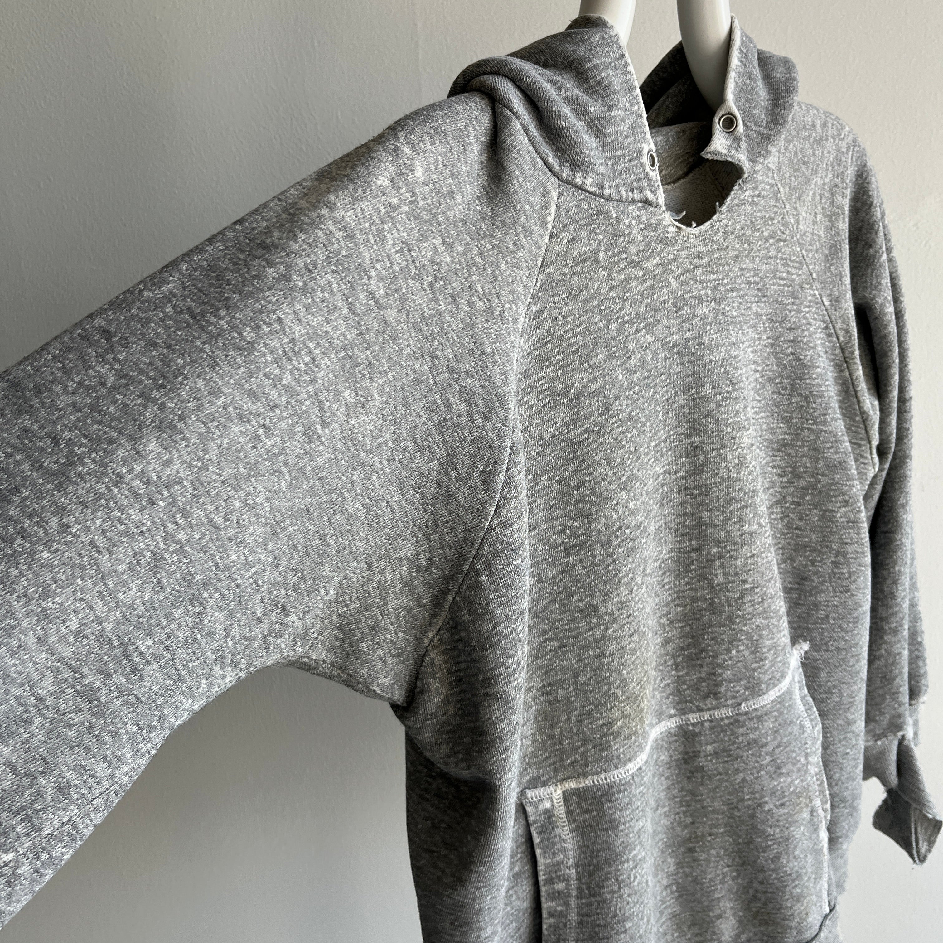 1970s Small Shredded and Stained Blank Gray Hoodie