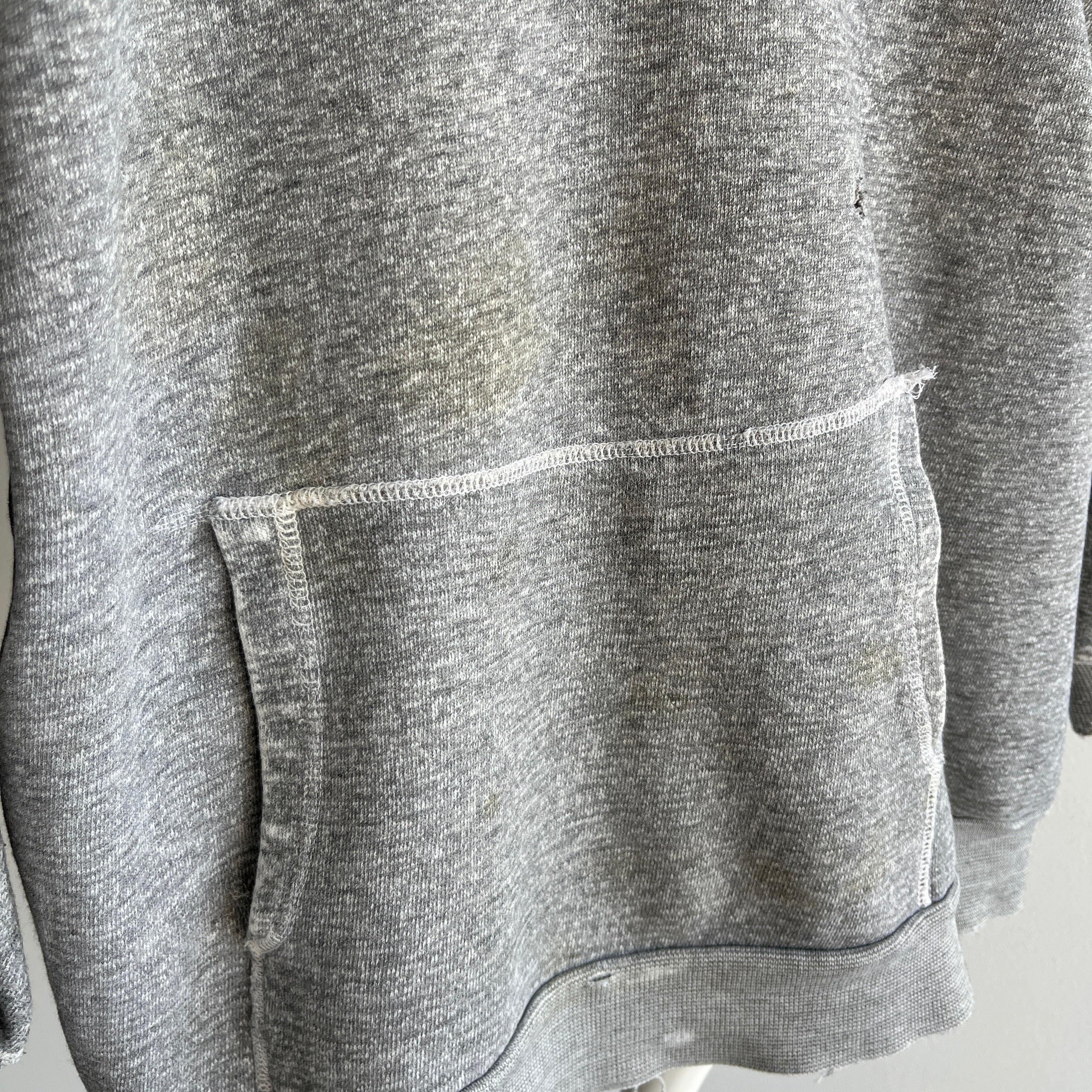 1970s Small Shredded and Stained Blank Gray Hoodie