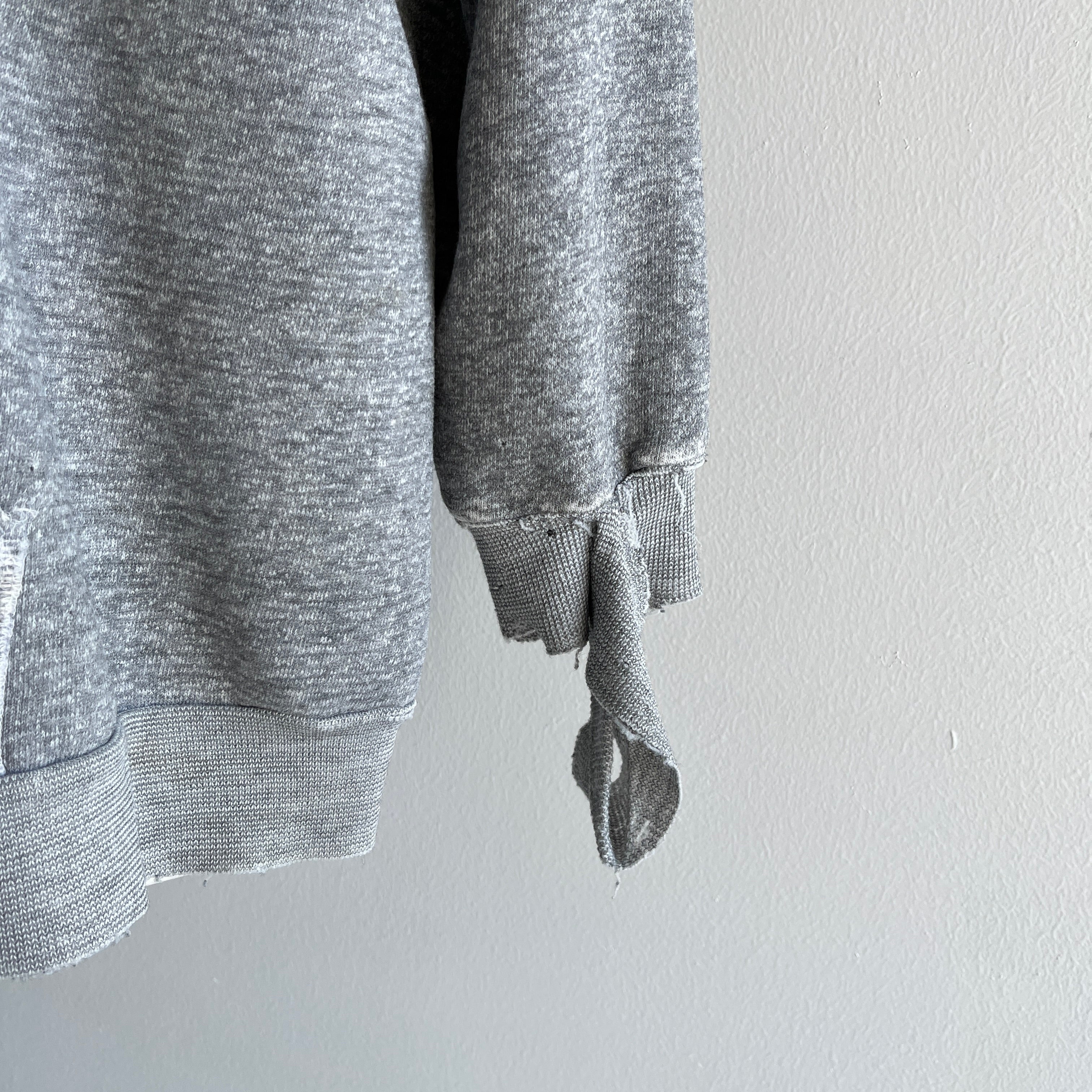 1970s Small Shredded and Stained Blank Gray Hoodie