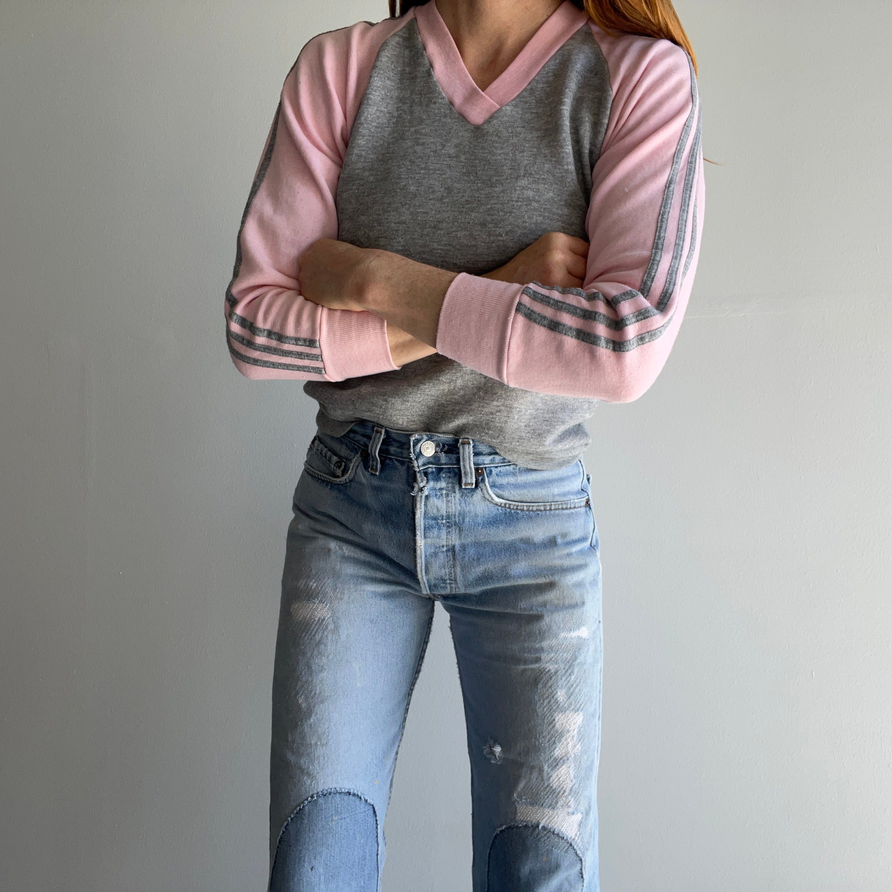 1980s Two Tone V-Neck Sweatshirt with Triple Stripes