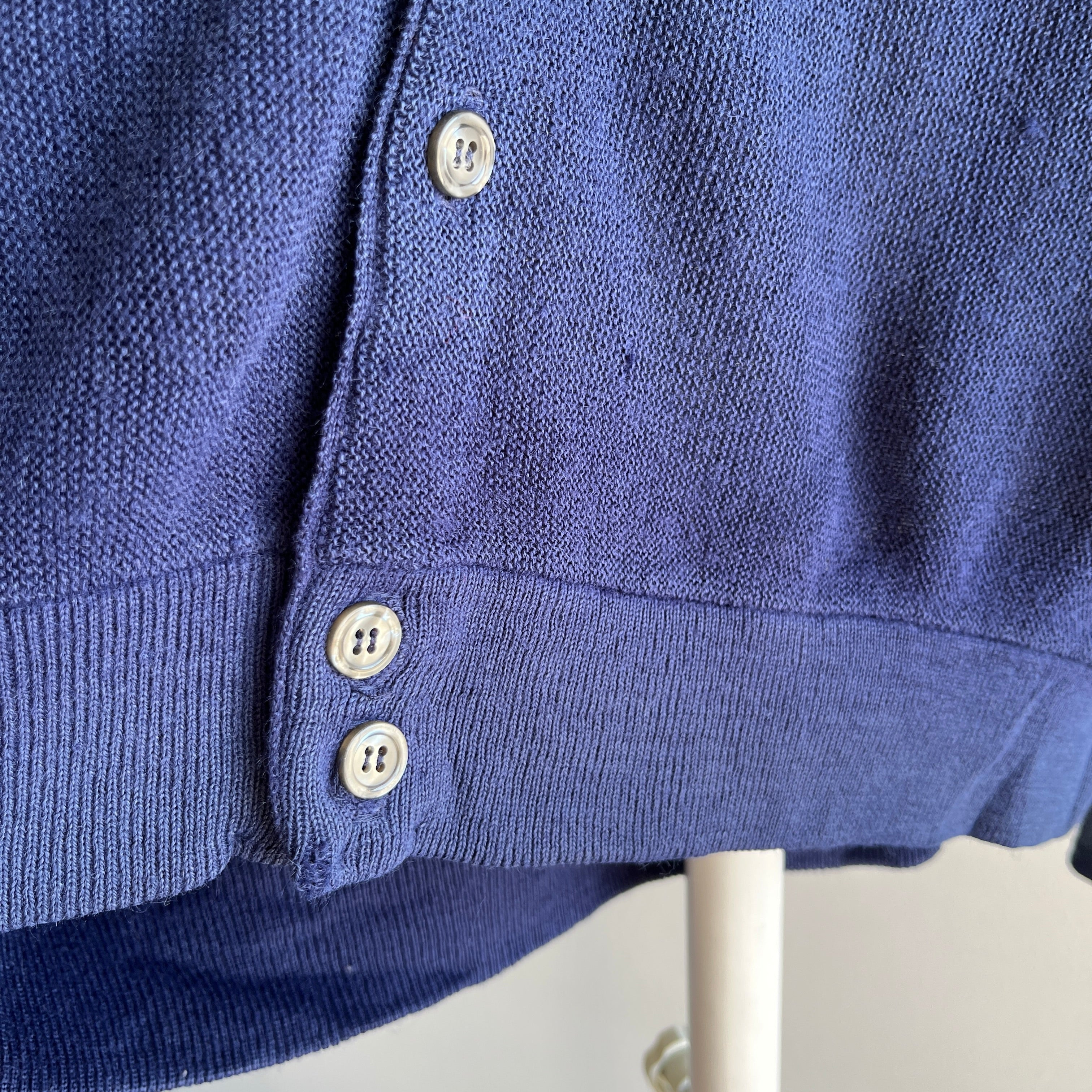 1960s Izod Lacoste Sun Faded Beyond!! Navy Cardigan with Hand Mending