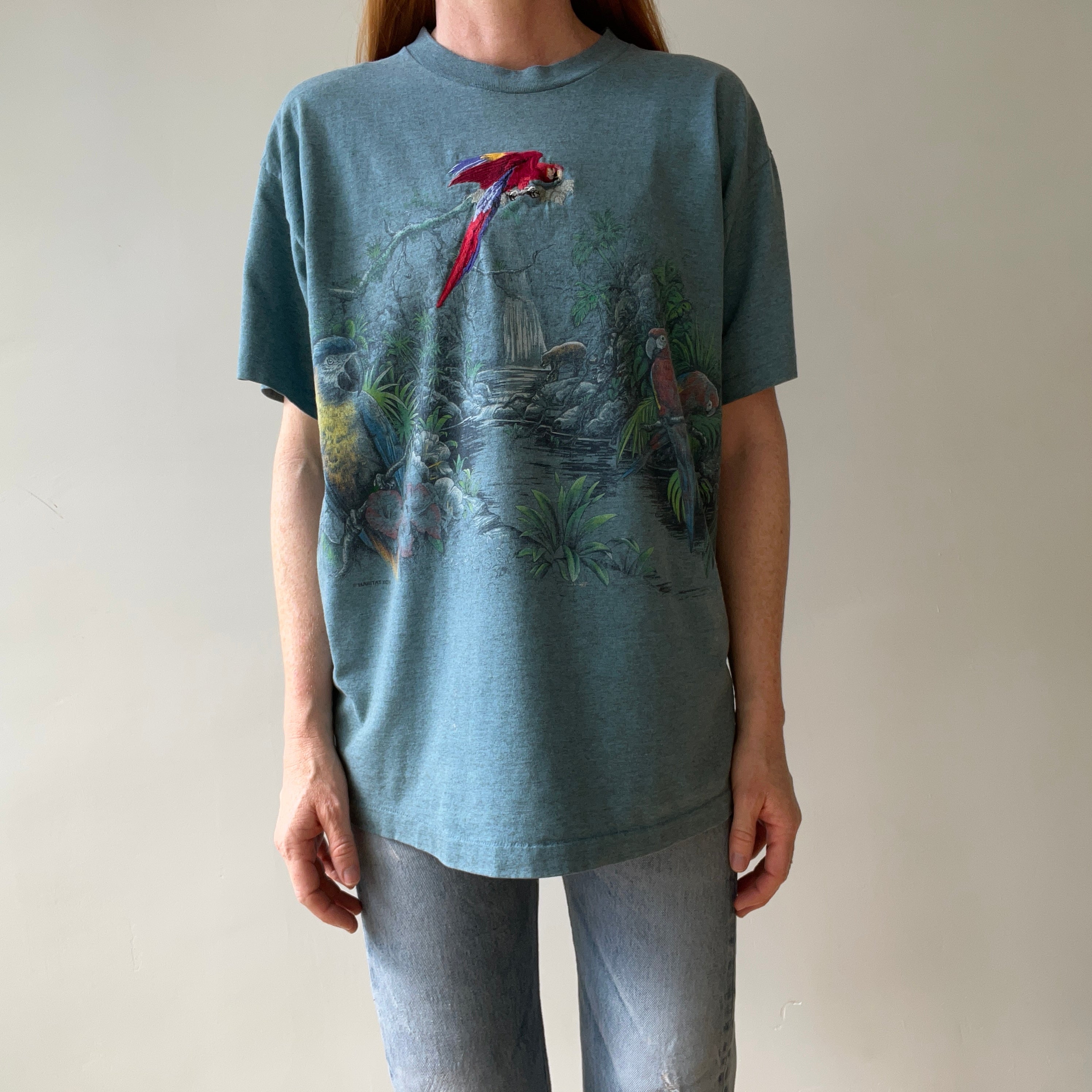 1990s Habitat Embroidered Parrot Rainforest T Shirt