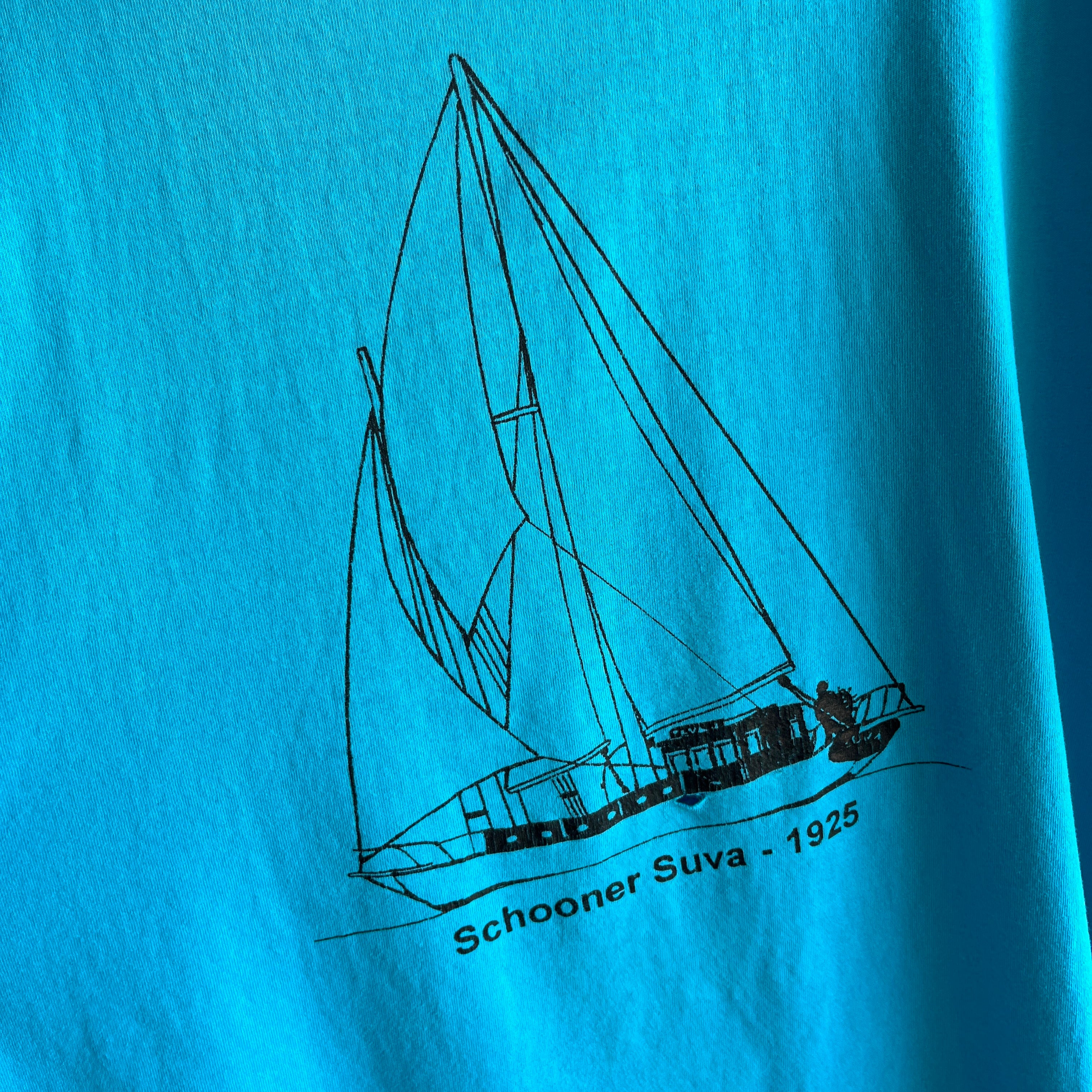 1990s Schooner Suva - 1925 Tattered, Torn, Worn Larger Sailboat T-Shirt