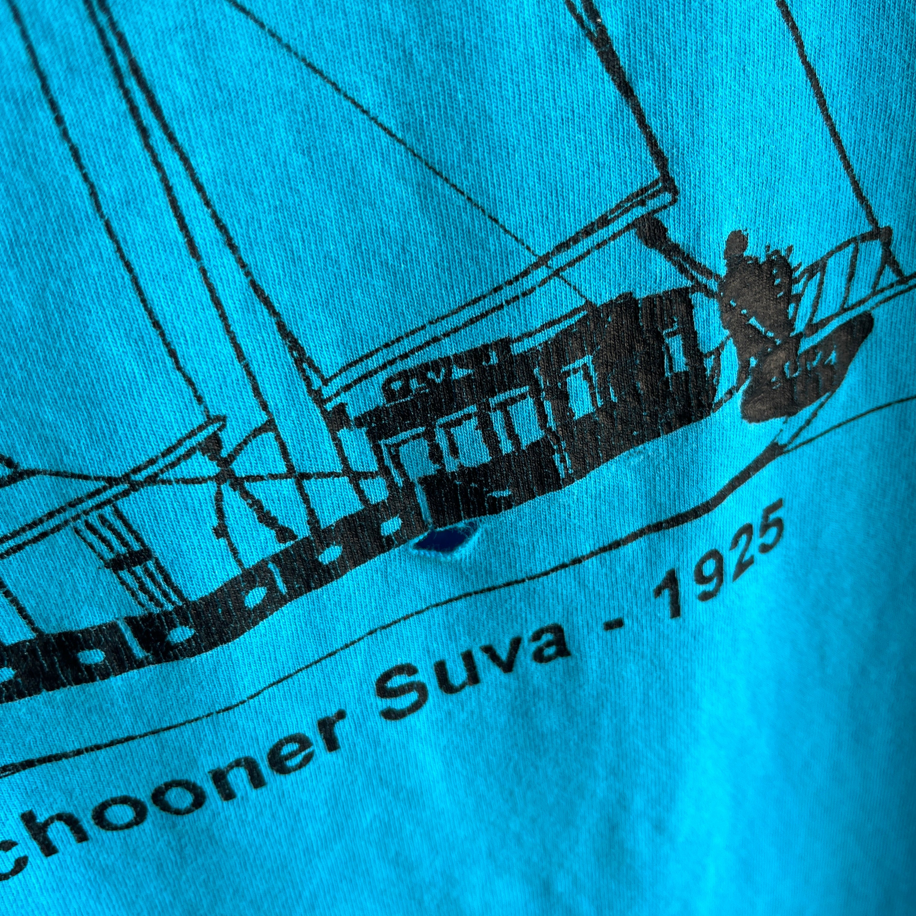 1990s Schooner Suva - 1925 Tattered, Torn, Worn Larger Sailboat T-Shirt