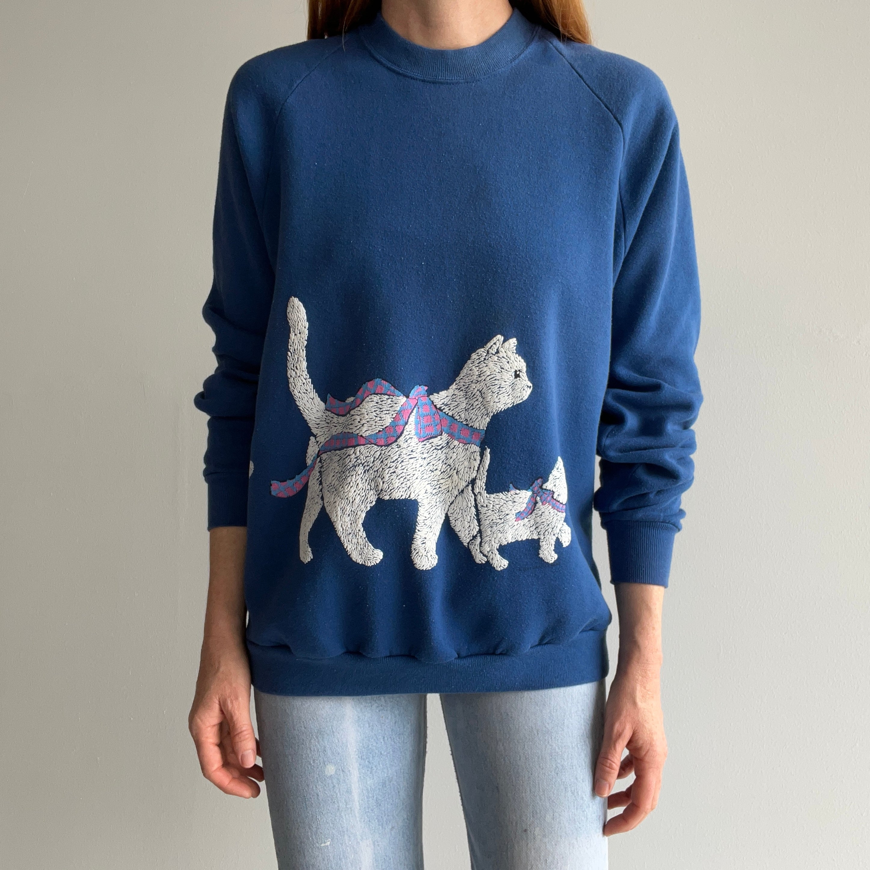 1980s Cats and Ribbons Wrap Around Sweatshirt - OMG