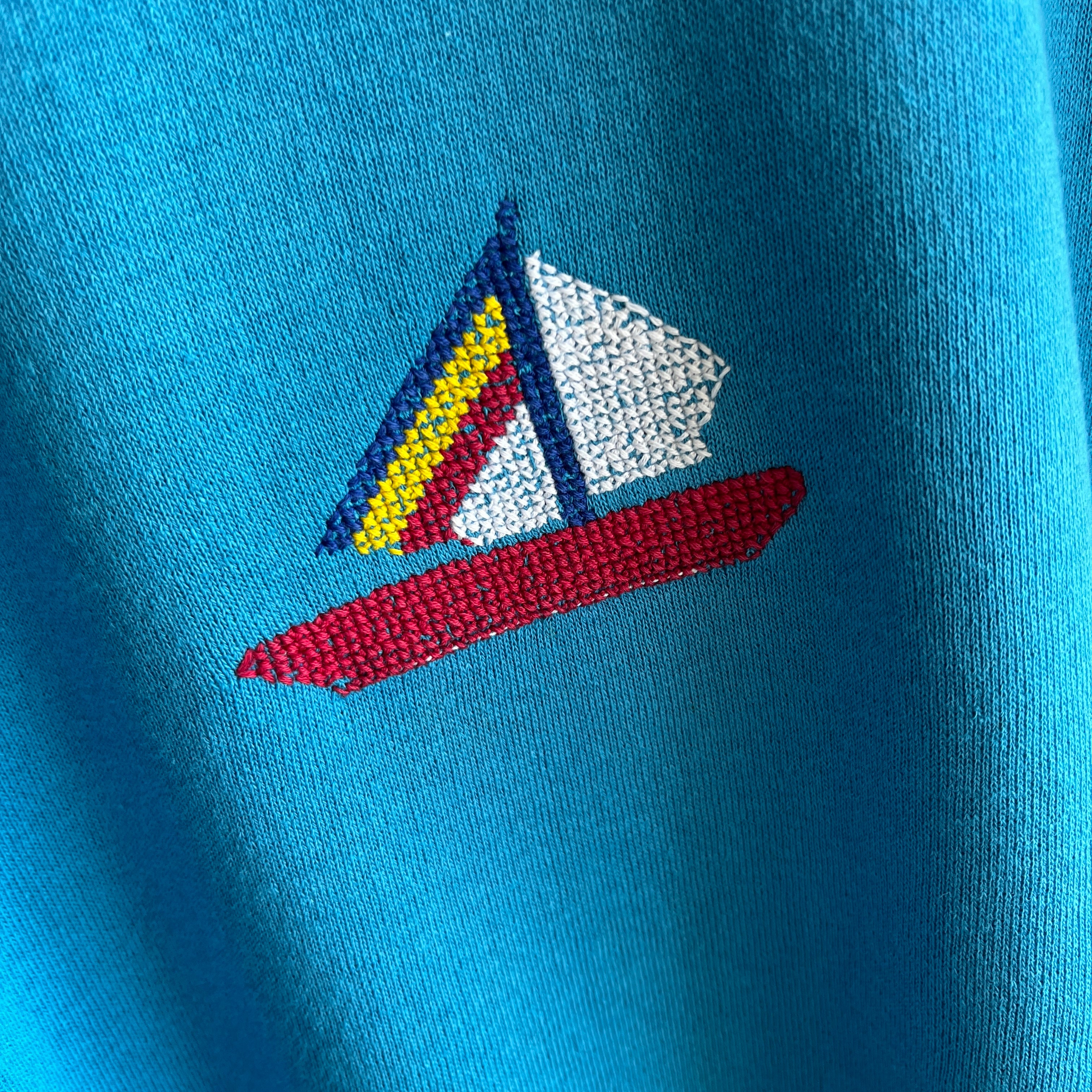 1980s DIY Needlepoint Sailboat Sweatshirt - Awwwwww