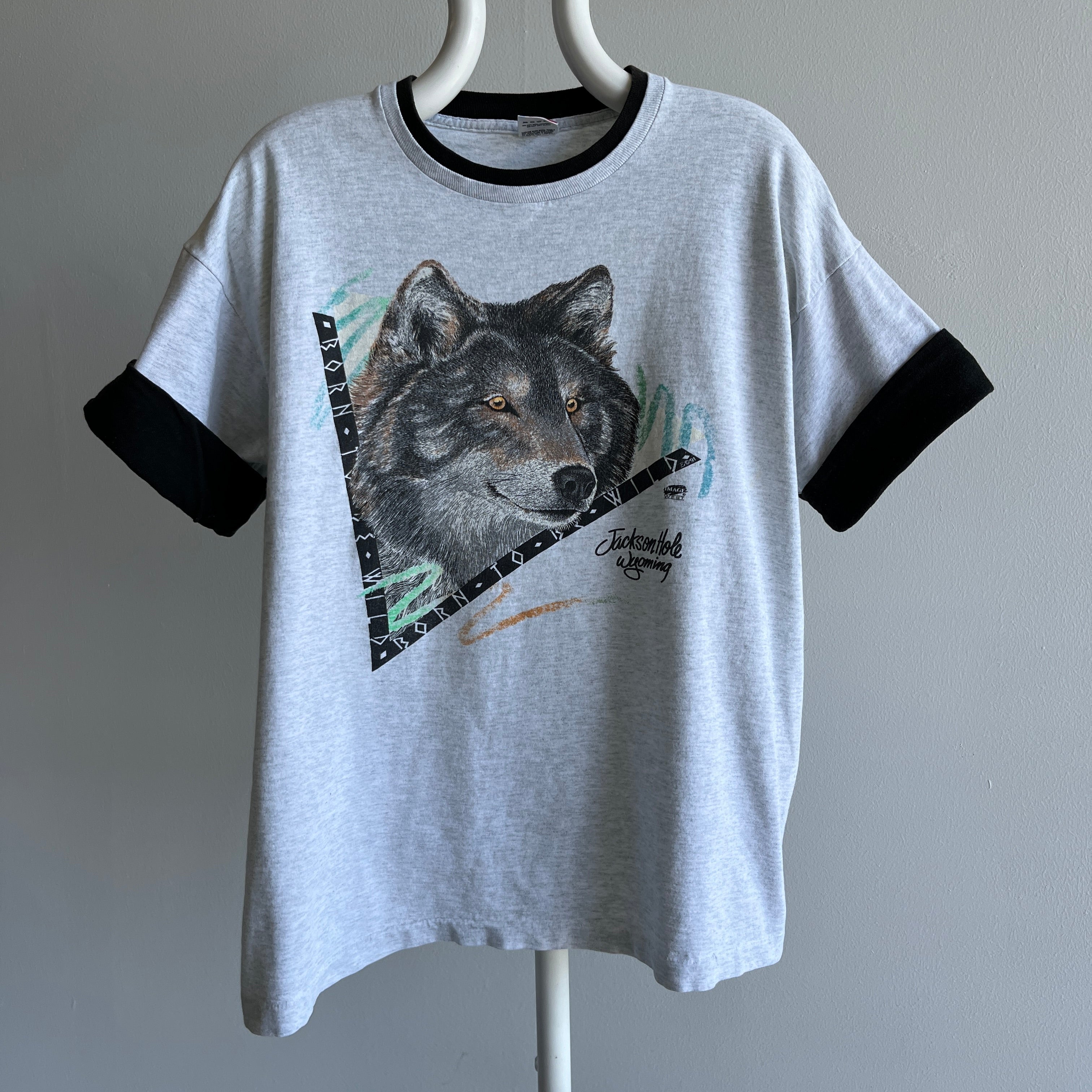 1991 Jackson Hole, Wyoming - Born To Be Wild - Two Tone  Wolf T-Shirt