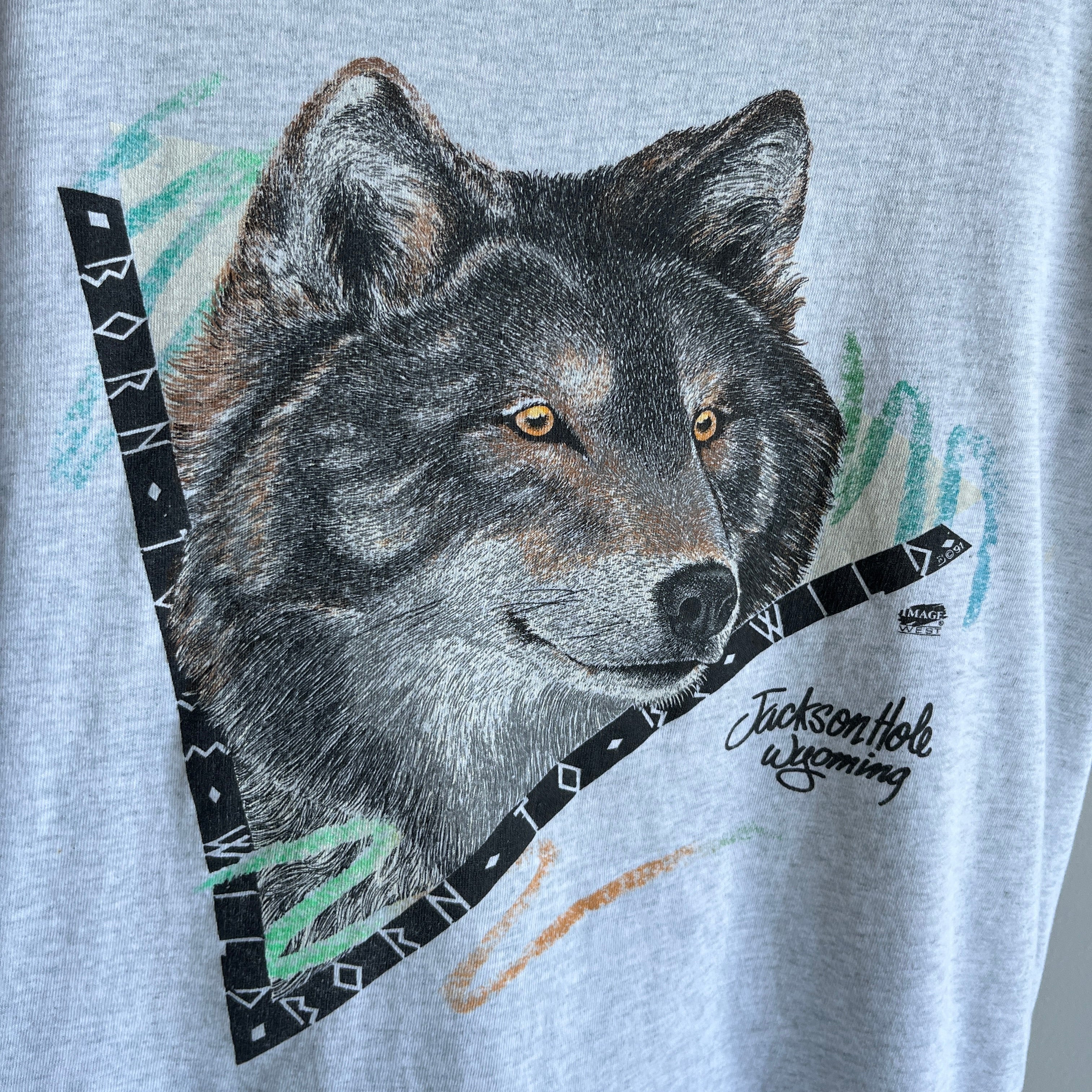 1991 Jackson Hole, Wyoming - Born To Be Wild - Two Tone  Wolf T-Shirt