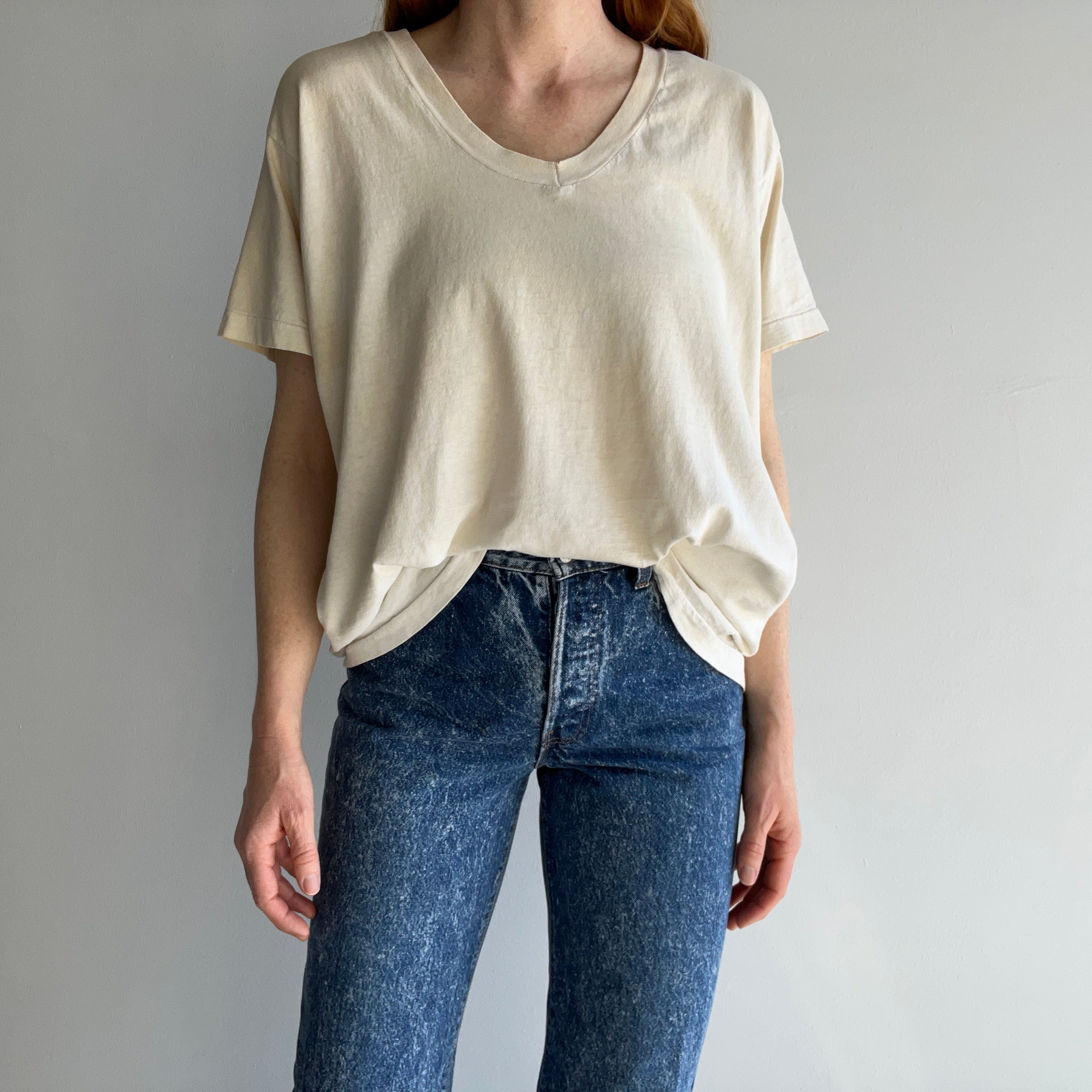 1990s Majorly Aged Stained Formerly White V-Neck Cotton T-Shirt by FOTL