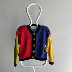 1970s OMFG Crocheted Buttons Color Block Cotton Cropped Cardigan