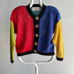 1970s OMFG Crocheted Buttons Color Block Cotton Cropped Cardigan