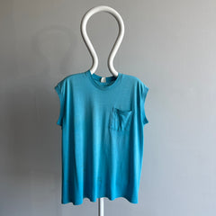 1980s Thinned Out and Stained Awesome Aqua Blue Pocket Tank Muscle T-Shirt