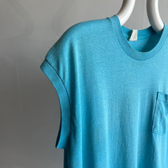 1980s Thinned Out and Stained Awesome Aqua Blue Pocket Tank Muscle T-Shirt