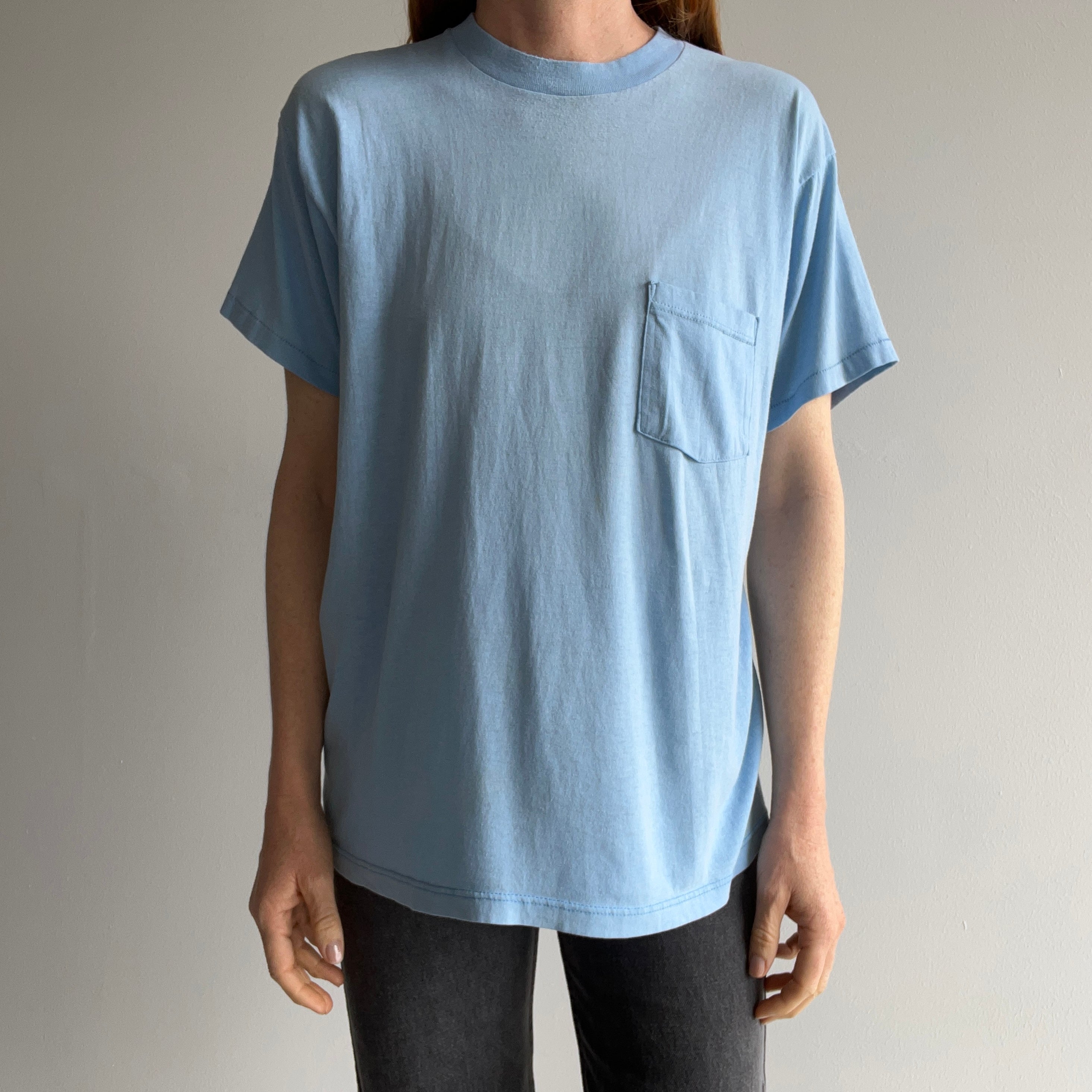 1980s Sky Baby Blue Super Thin, Stained and Slouchy T-Shirt