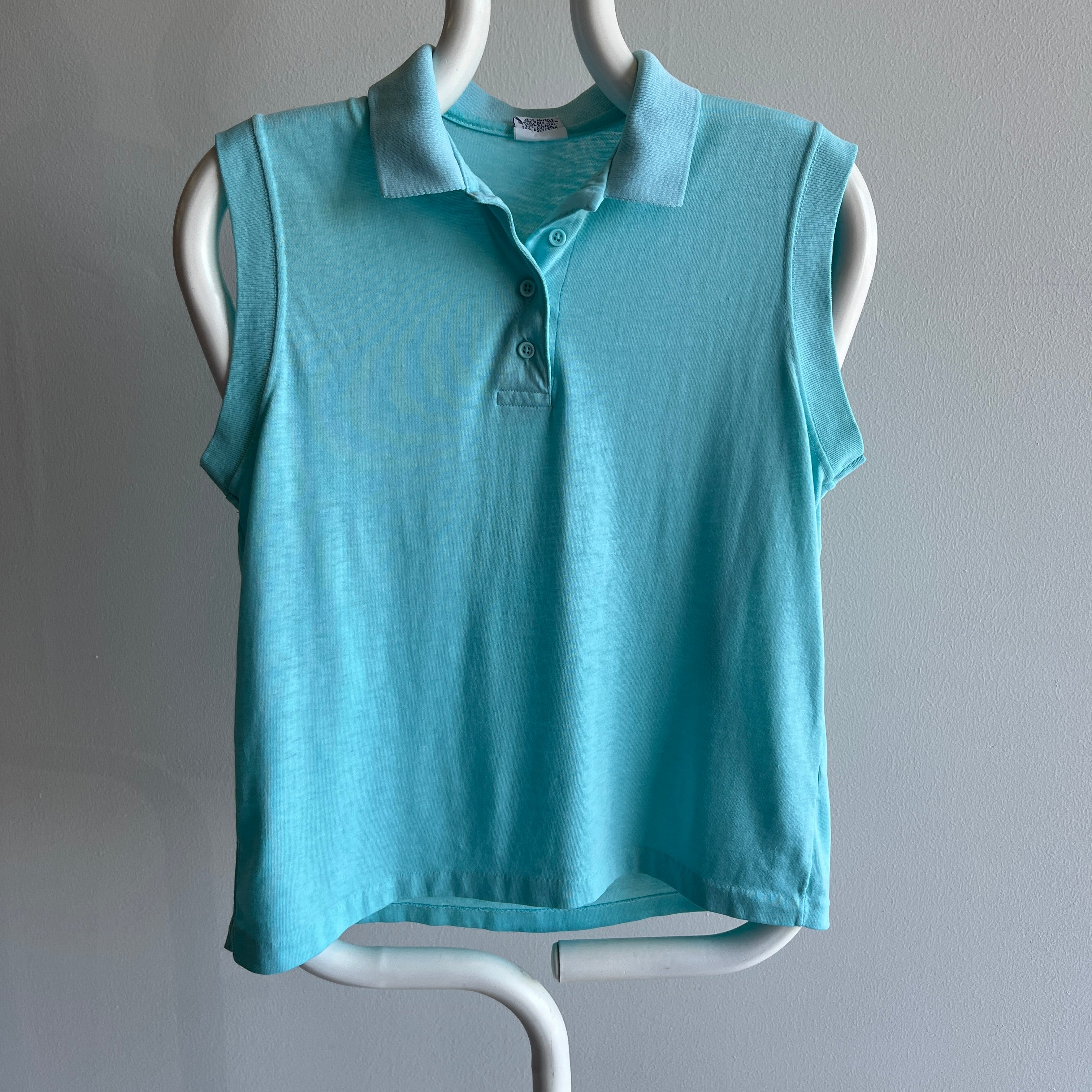 1980s Thinned Out Tank Top Polo Shirt - Aqua Blue - So Sweet