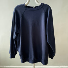 1980s Blank Navy Sweatshirt - Relaxed Fit and Slouchy - Mended