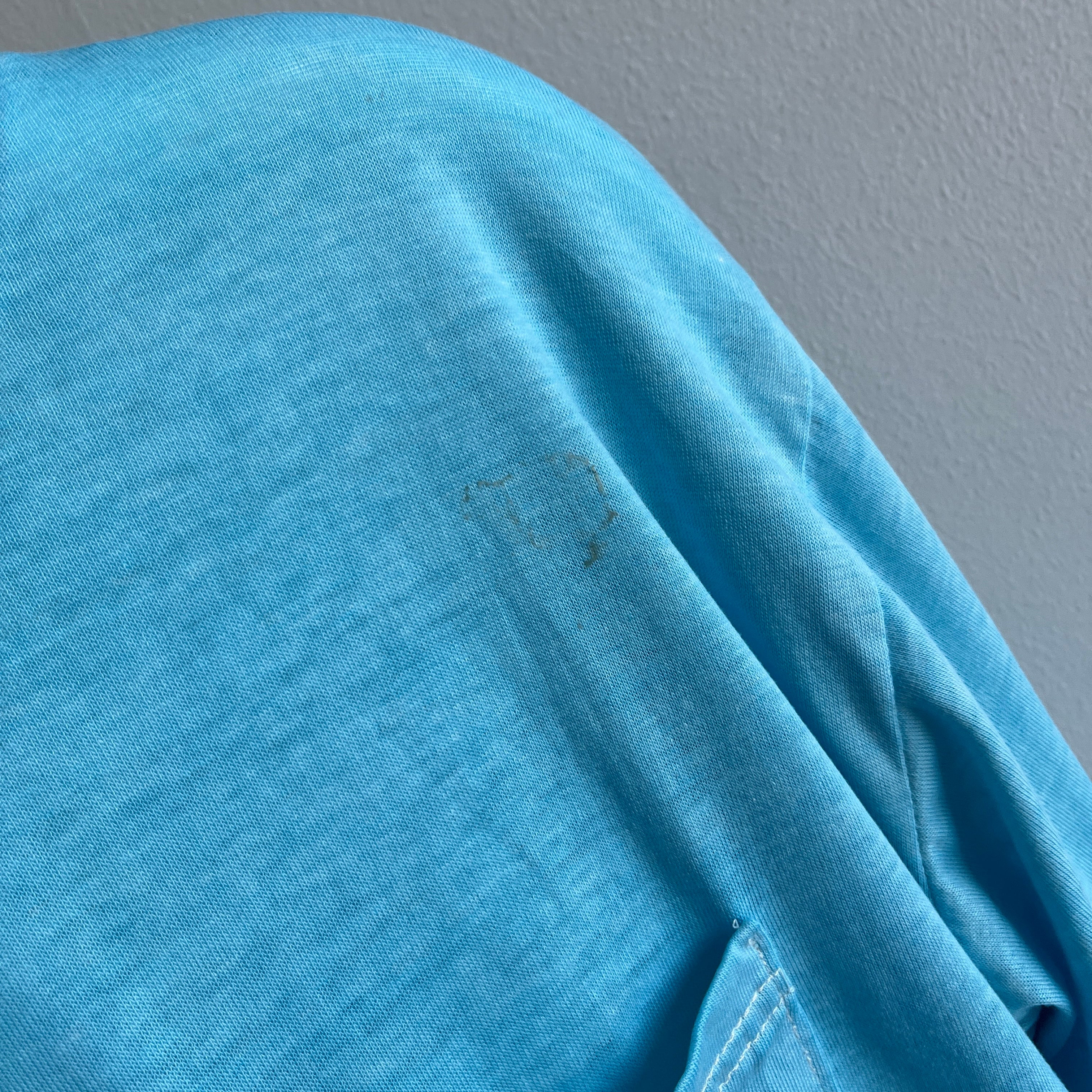 1970/80s Super Thinned Out Long Sleeve Pocket T-Shirt - Aqua Blue - SUPER STAINED