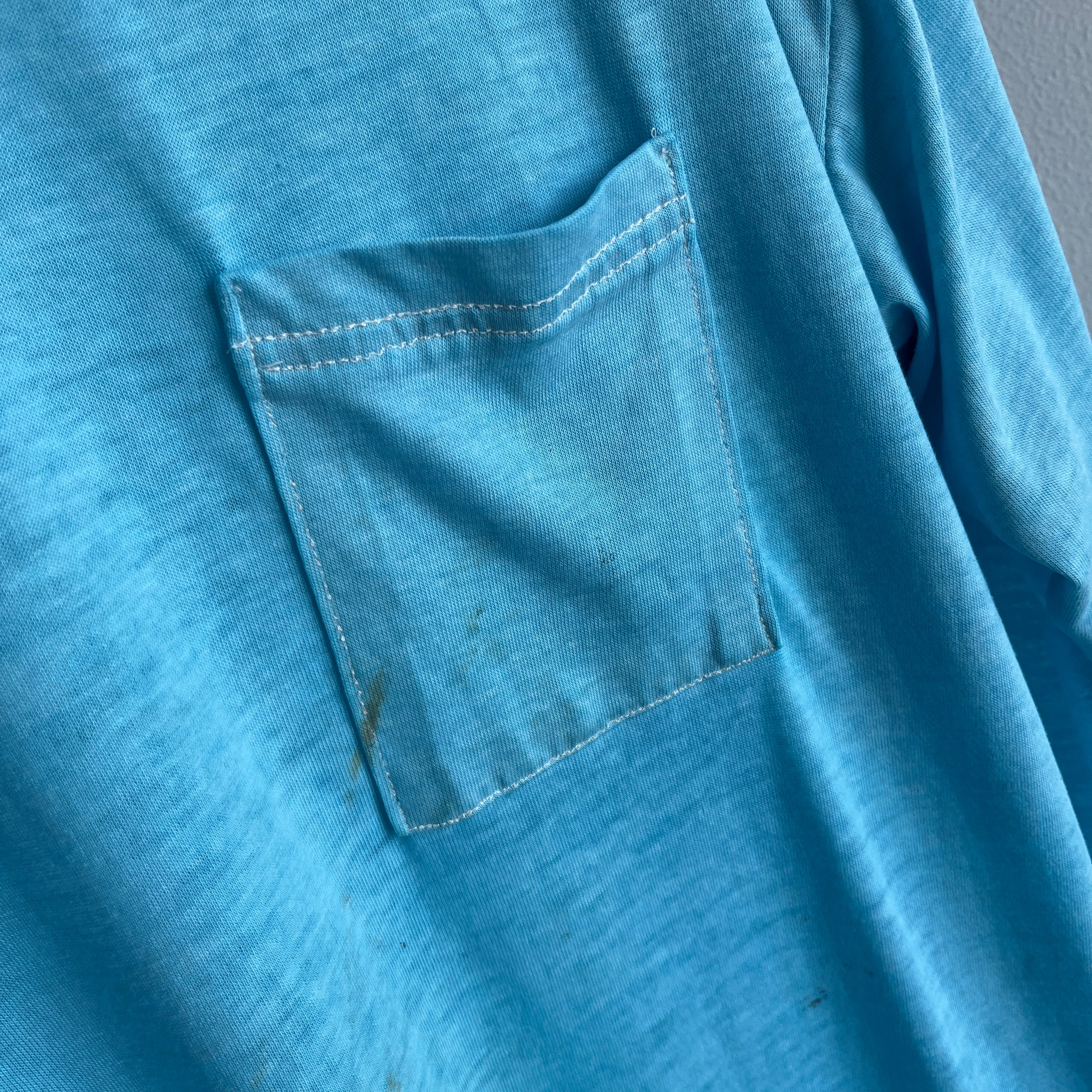 1970/80s Super Thinned Out Long Sleeve Pocket T-Shirt - Aqua Blue - SUPER STAINED