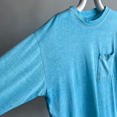 1970/80s Super Thinned Out Long Sleeve Pocket T-Shirt - Aqua Blue - SUPER STAINED