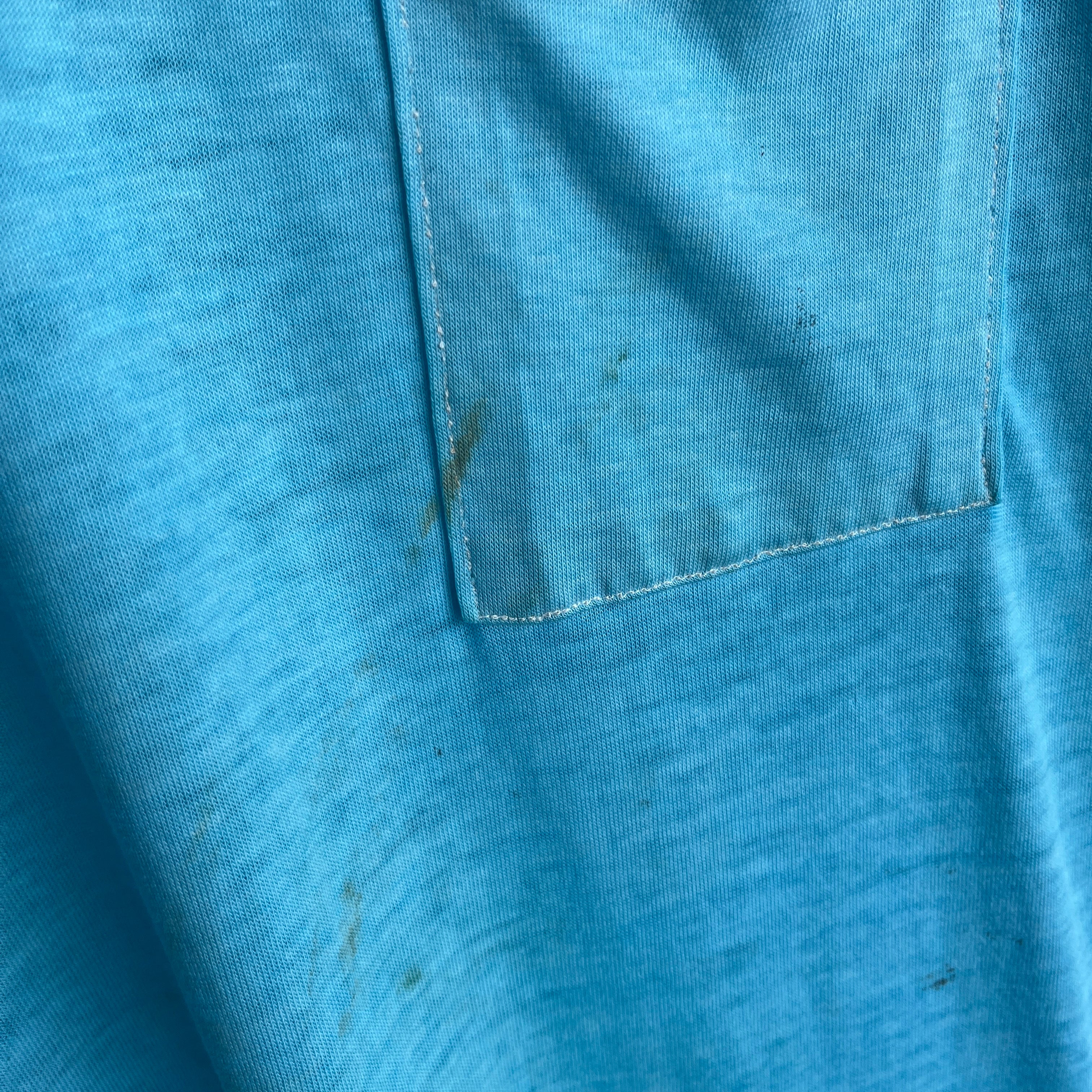 1970/80s Super Thinned Out Long Sleeve Pocket T-Shirt - Aqua Blue - SUPER STAINED