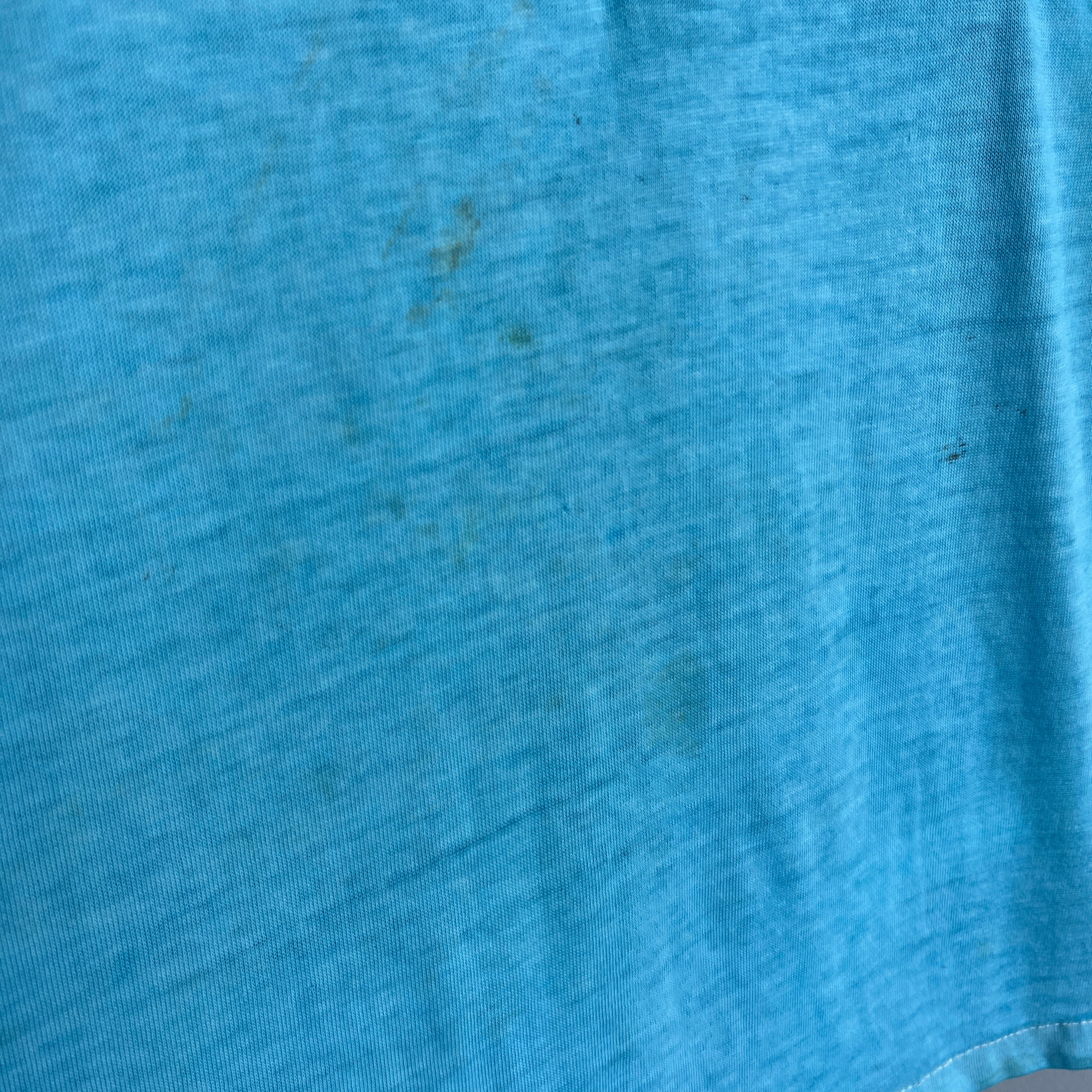 1970/80s Super Thinned Out Long Sleeve Pocket T-Shirt - Aqua Blue - SUPER STAINED